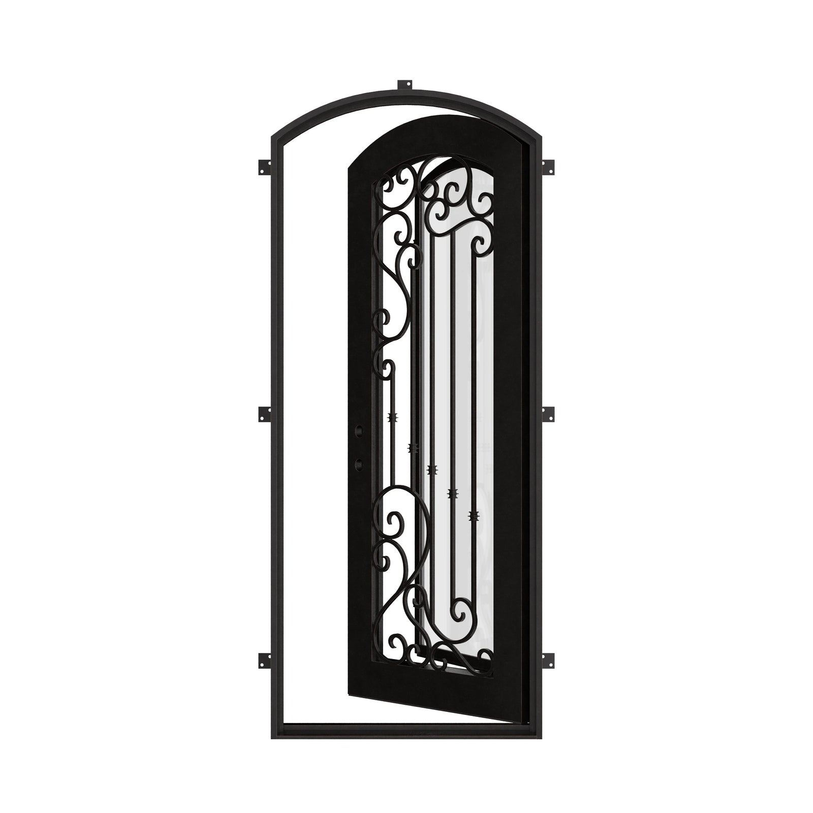 Paris bronze color iron single arch top front door with decorative scrollwork.