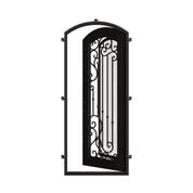 Paris pre-hung black iron single arch top door with decorative scrollwork.