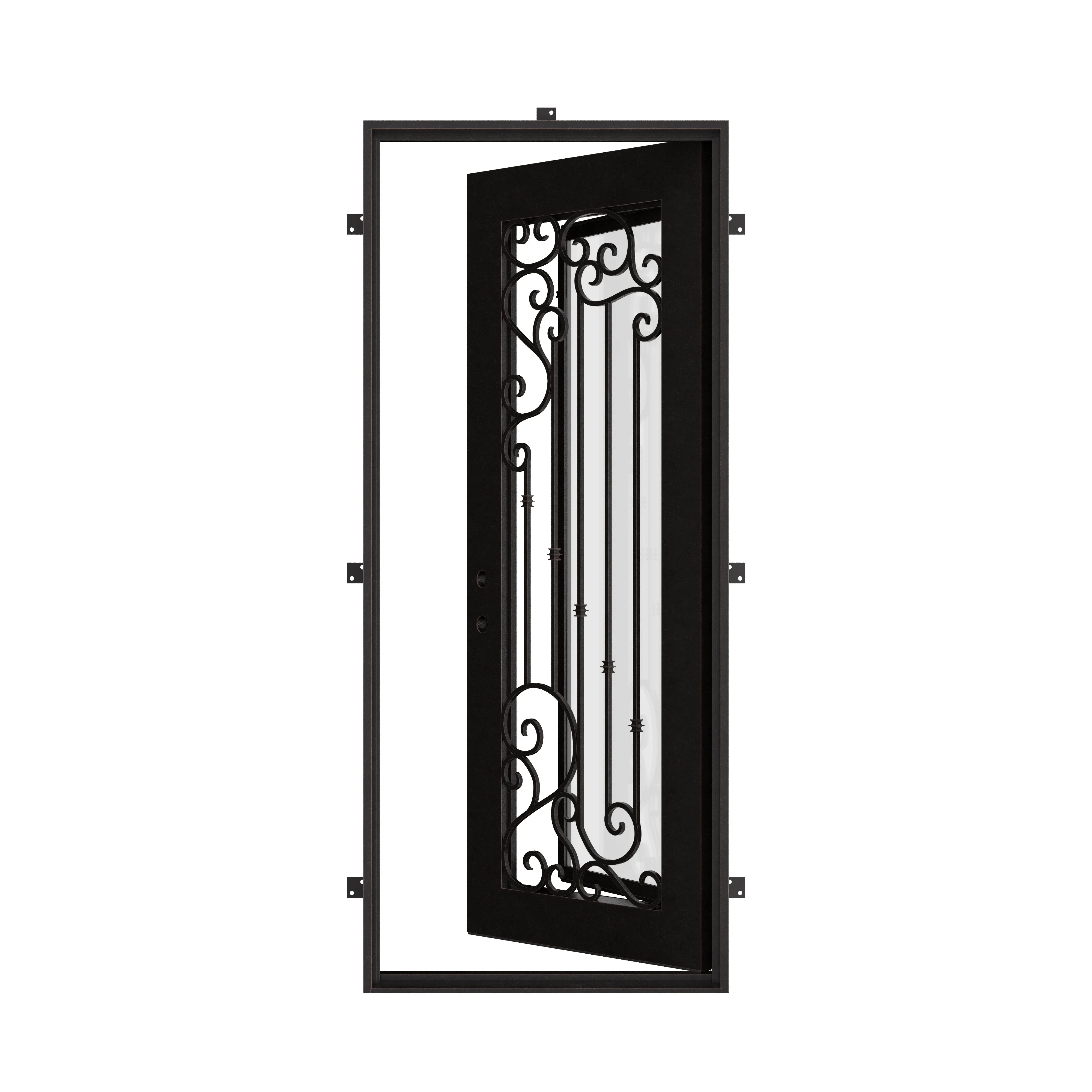 Paris Pre-hung bronze color iron flat top single door with operable glass panel.