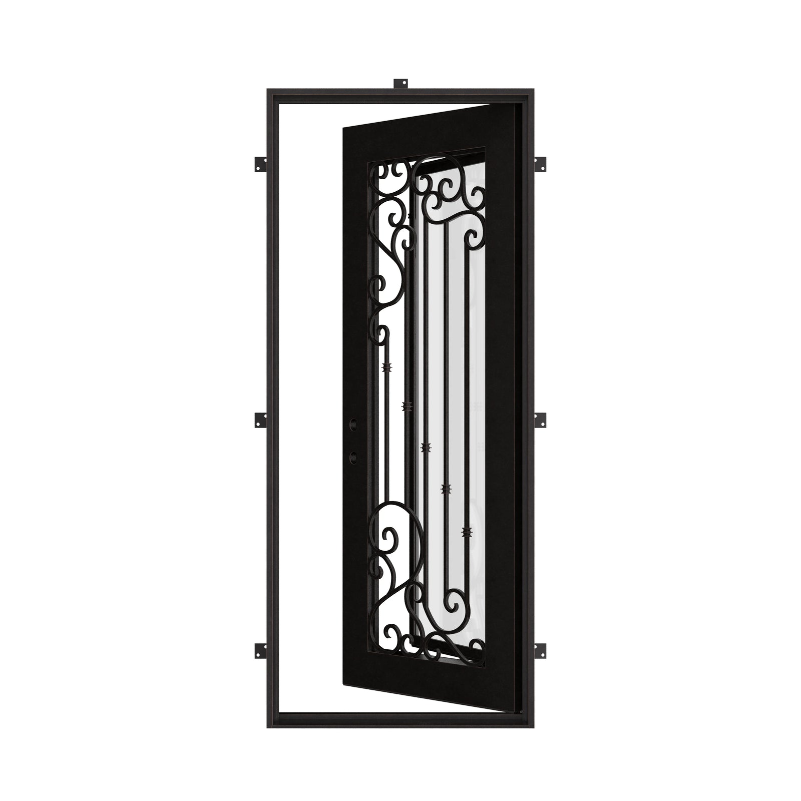 Paris Architectural bronze iron flat top single swing door with glass center.
