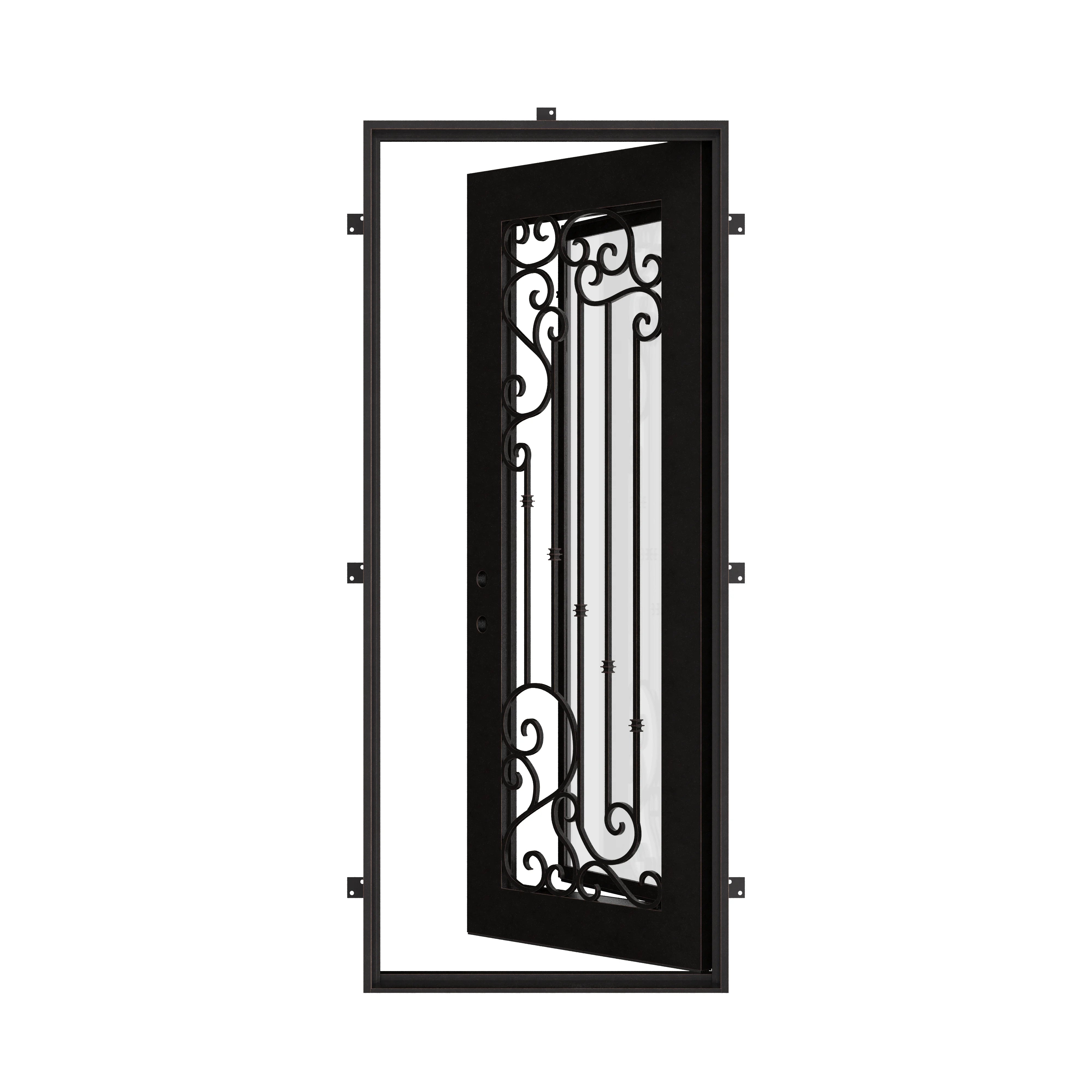 Paris Architectural bronze iron flat top single swing door with glass center.