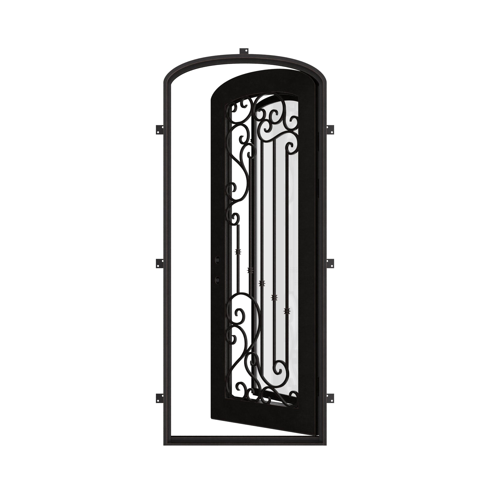 Paris black exterior wrought iron mini arch top single door with decorative scrollwork and glass.