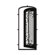 Paris black exterior wrought iron mini arch top single door with decorative scrollwork and glass.