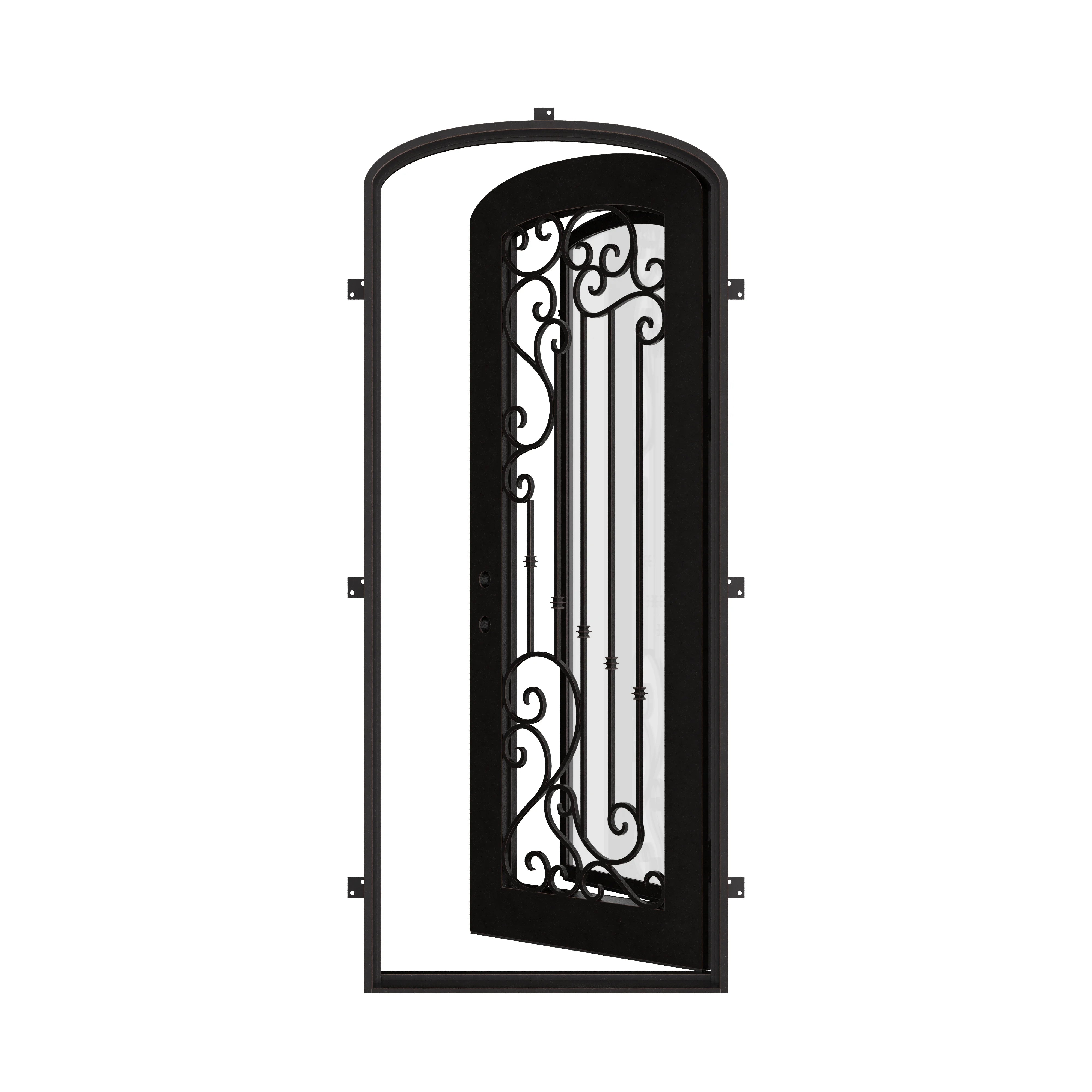 Paris black exterior wrought iron mini arch top single door with decorative scrollwork and glass.