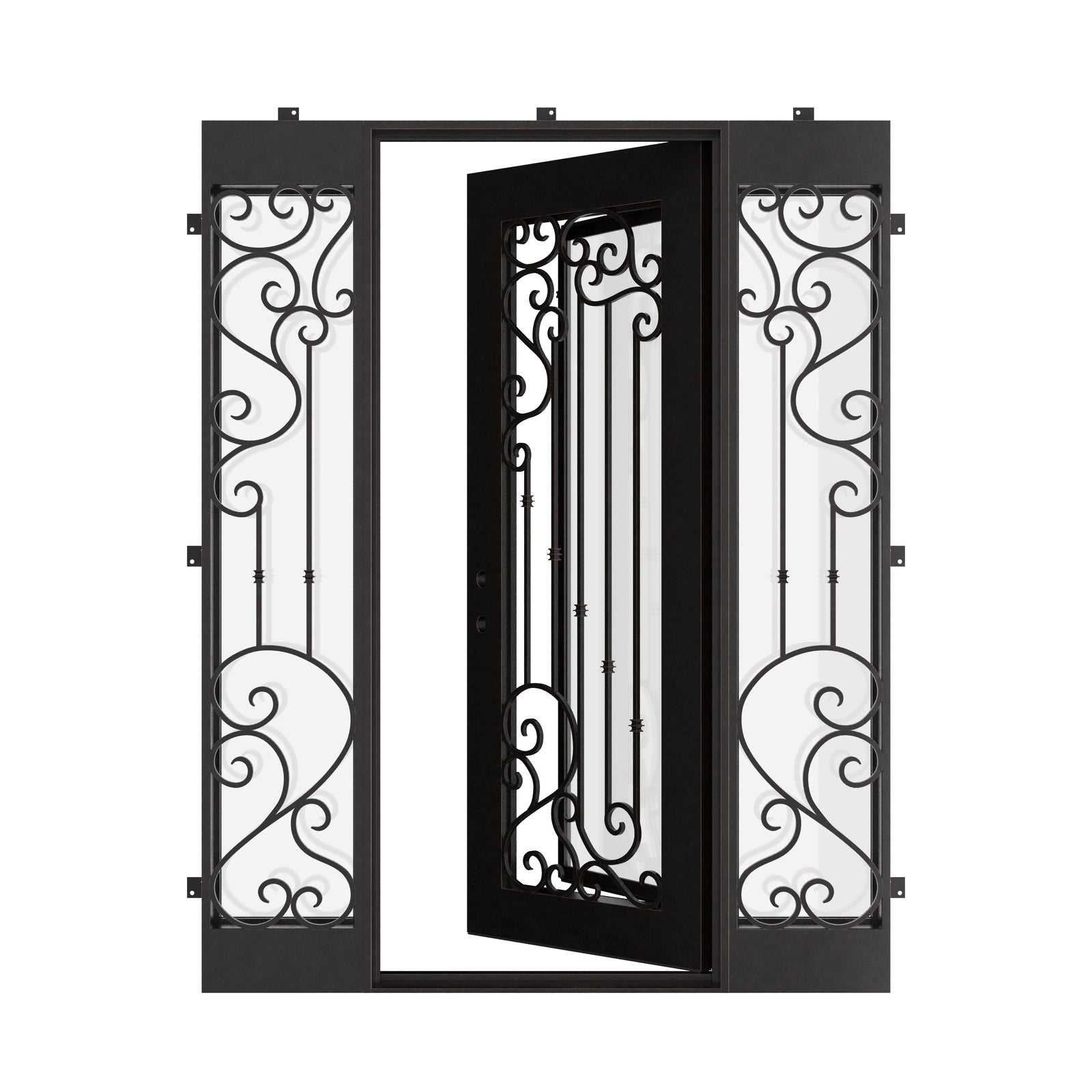 Paris metal single door with thick operable glass with flat top and sidelights.
