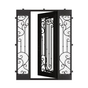 Paris metal single door with thick operable glass with flat top and sidelights.