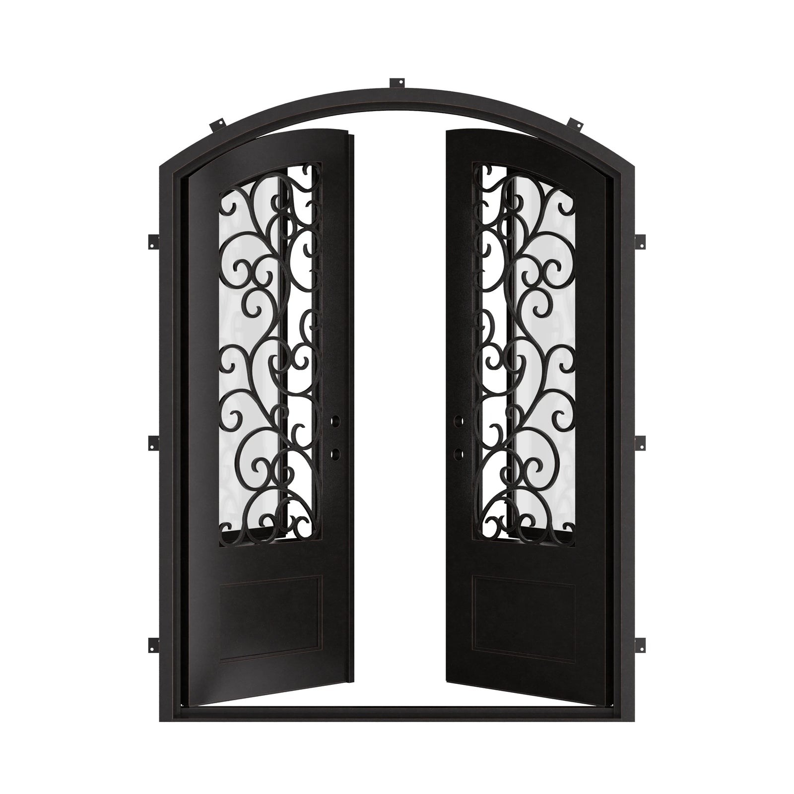 Story arch double iron door with glass in bronze color.