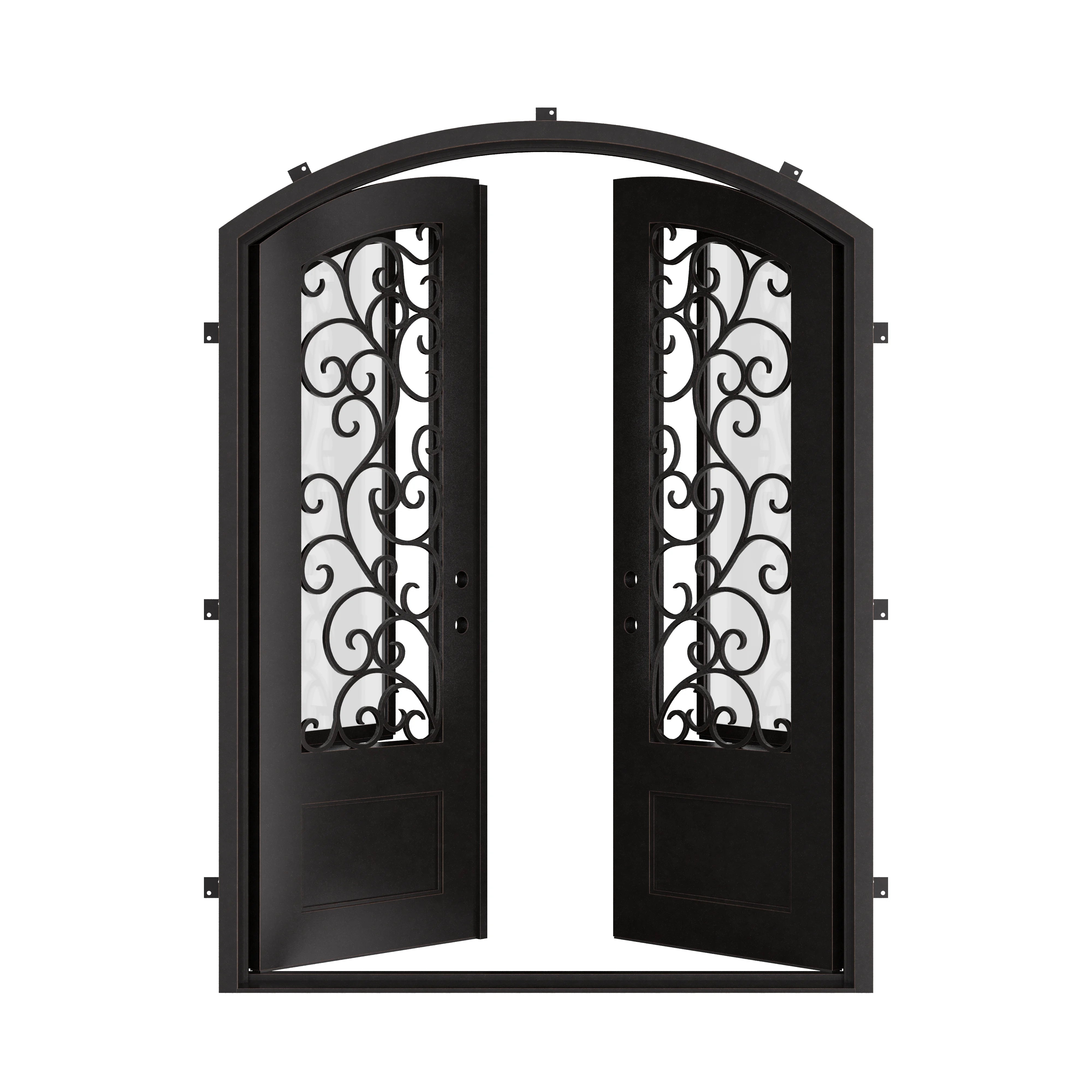 Story bronze color arched top double door with efficient glass.