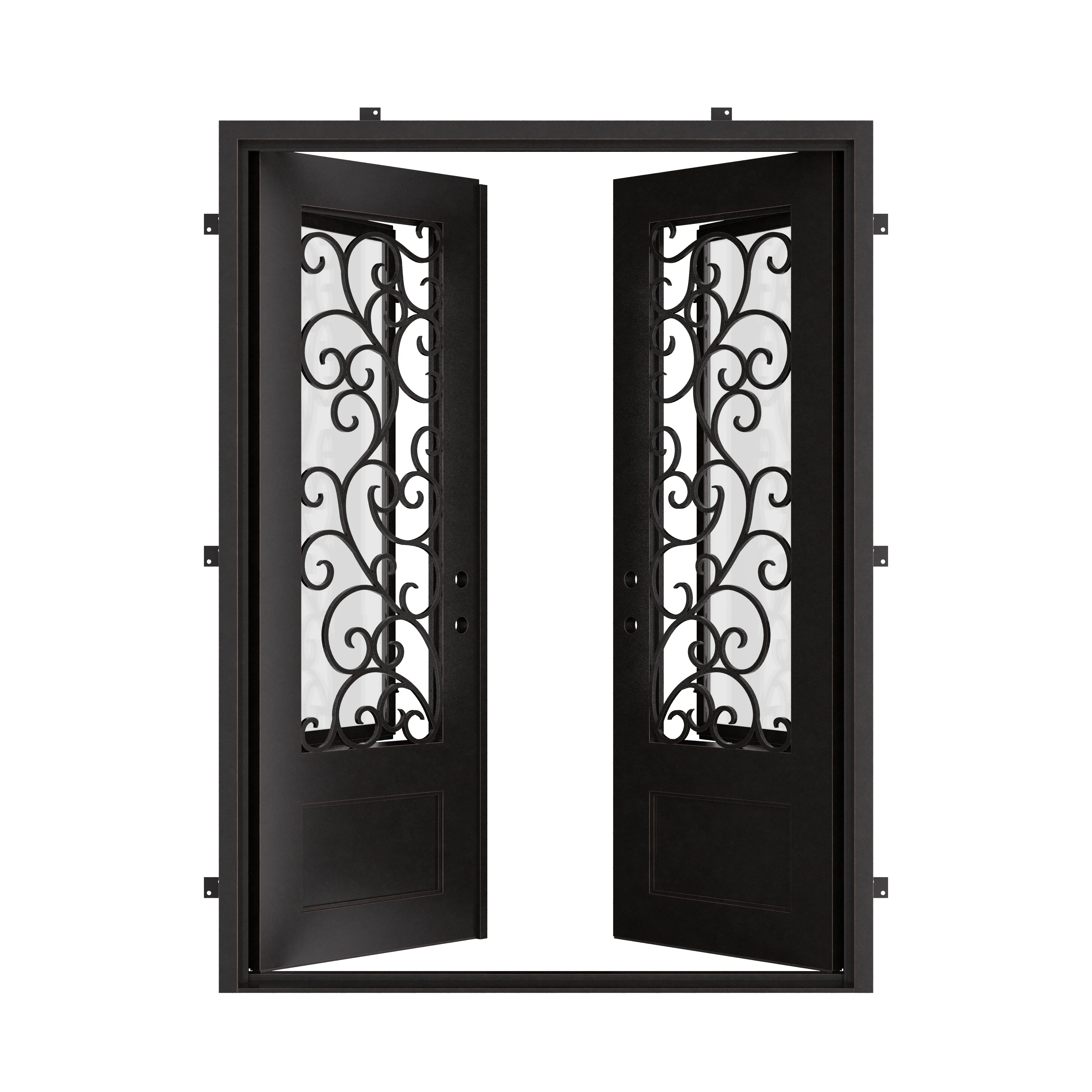 Story pre-hung black metal double square top door with glass.