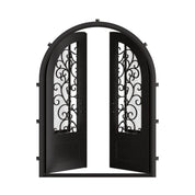Story double full arch top entry door with ornate metalwork and glass.