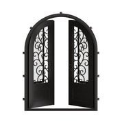 Story full arch top double hinged door with hand forged scrollwork and glass.