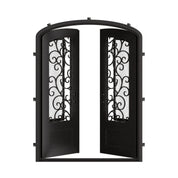 Story iron double door with arched top in bronze color.