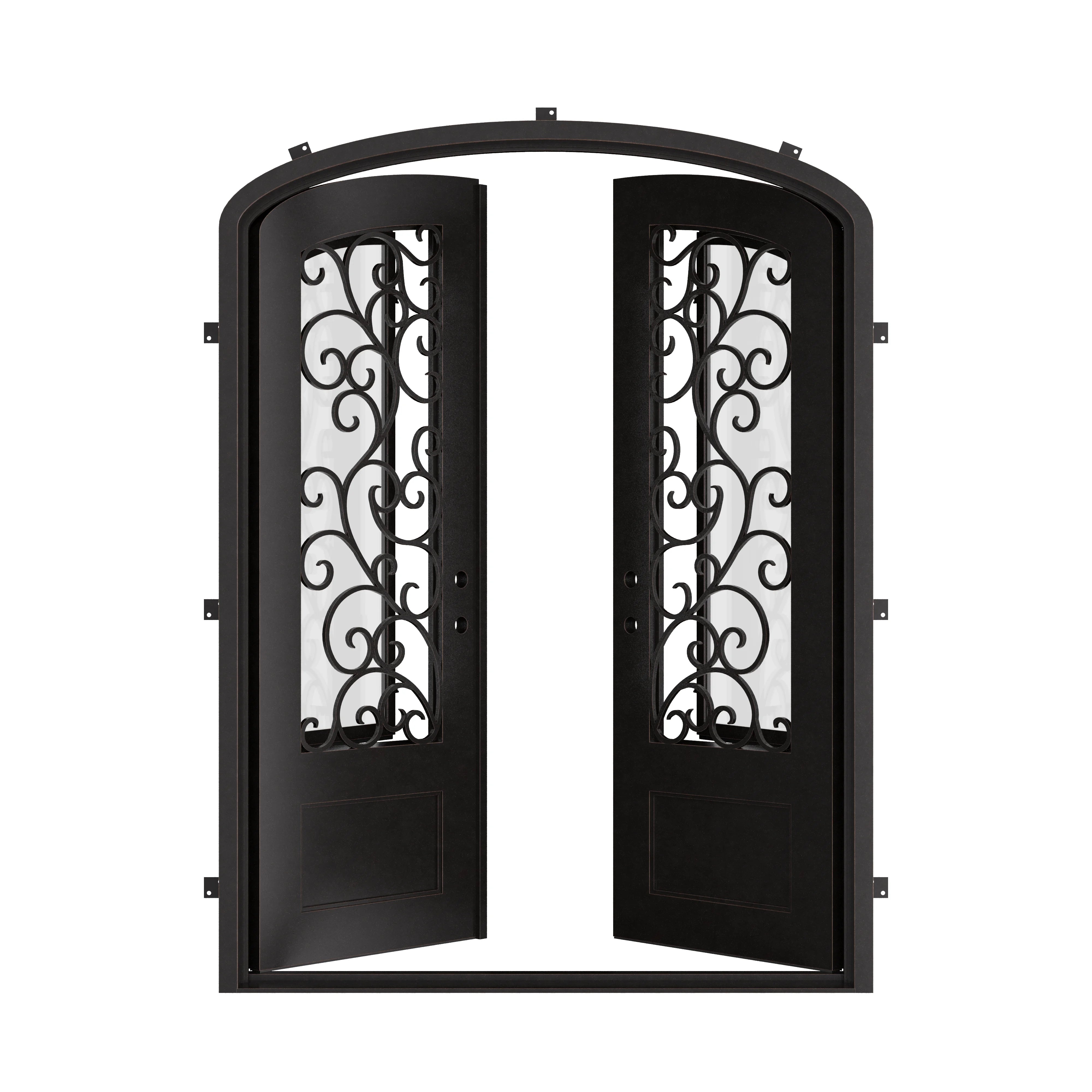Story iron double door with arched top in bronze color.