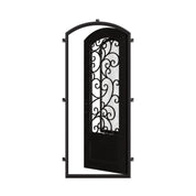 Story black iron single eyebrow arch top door with dual-pane glass and scrollwork.