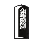 Story soft arch top iron swinging door in bronze finish for cold weather.