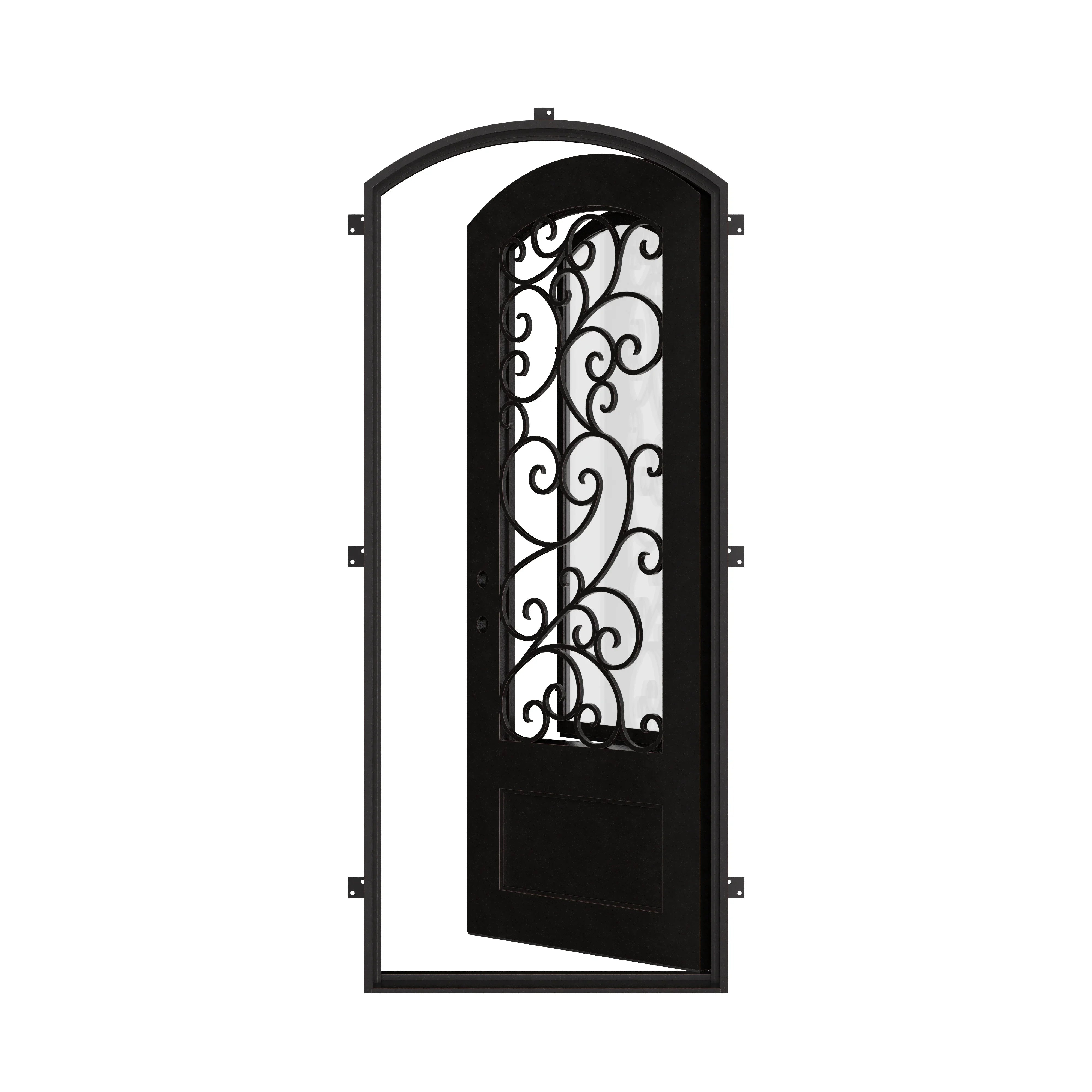 Story soft arch top iron swinging door in bronze finish for cold weather.