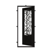 Story Exterior iron single flat top door with operable dual-pane glass panel.
