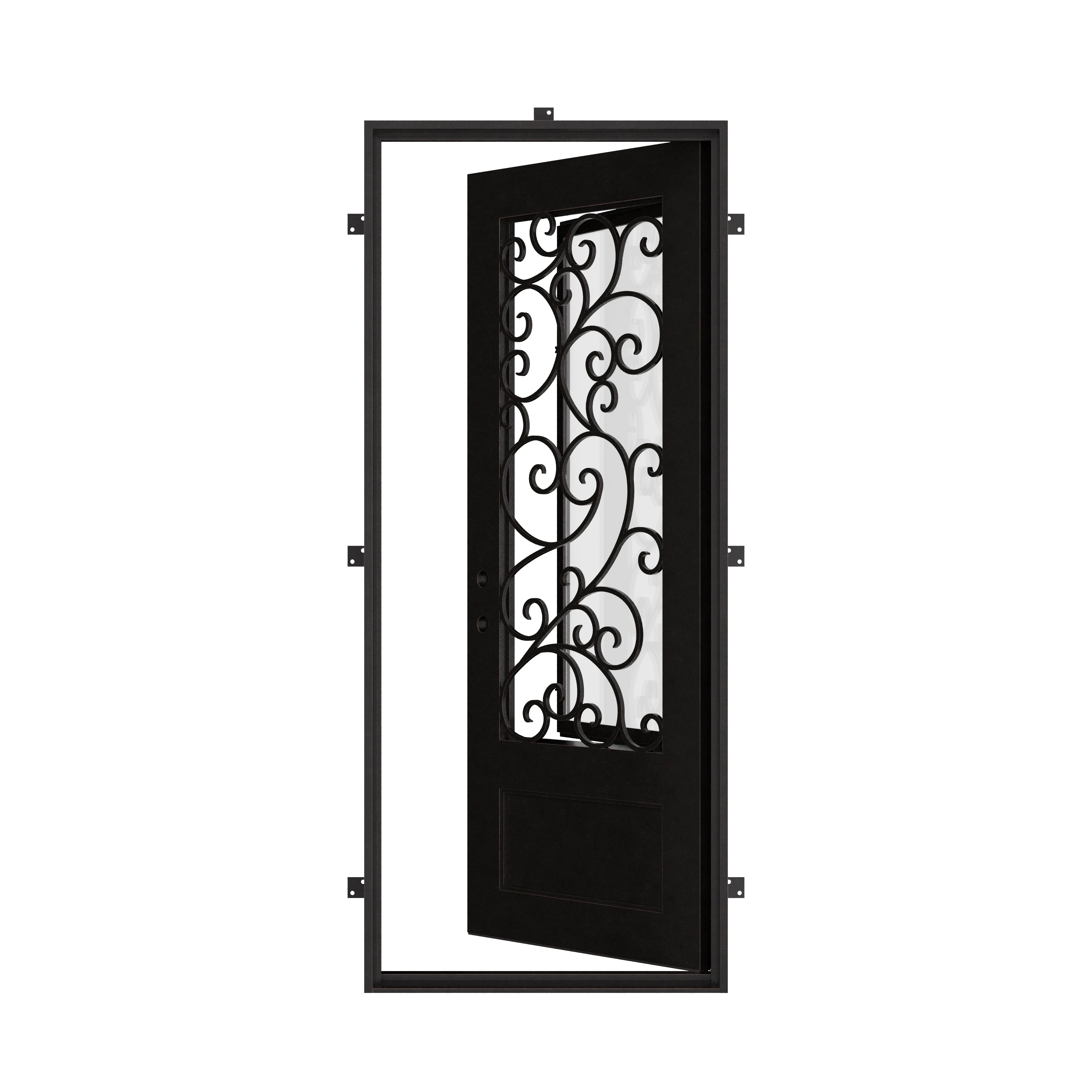 Story Exterior iron single flat top door with operable dual-pane glass panel.