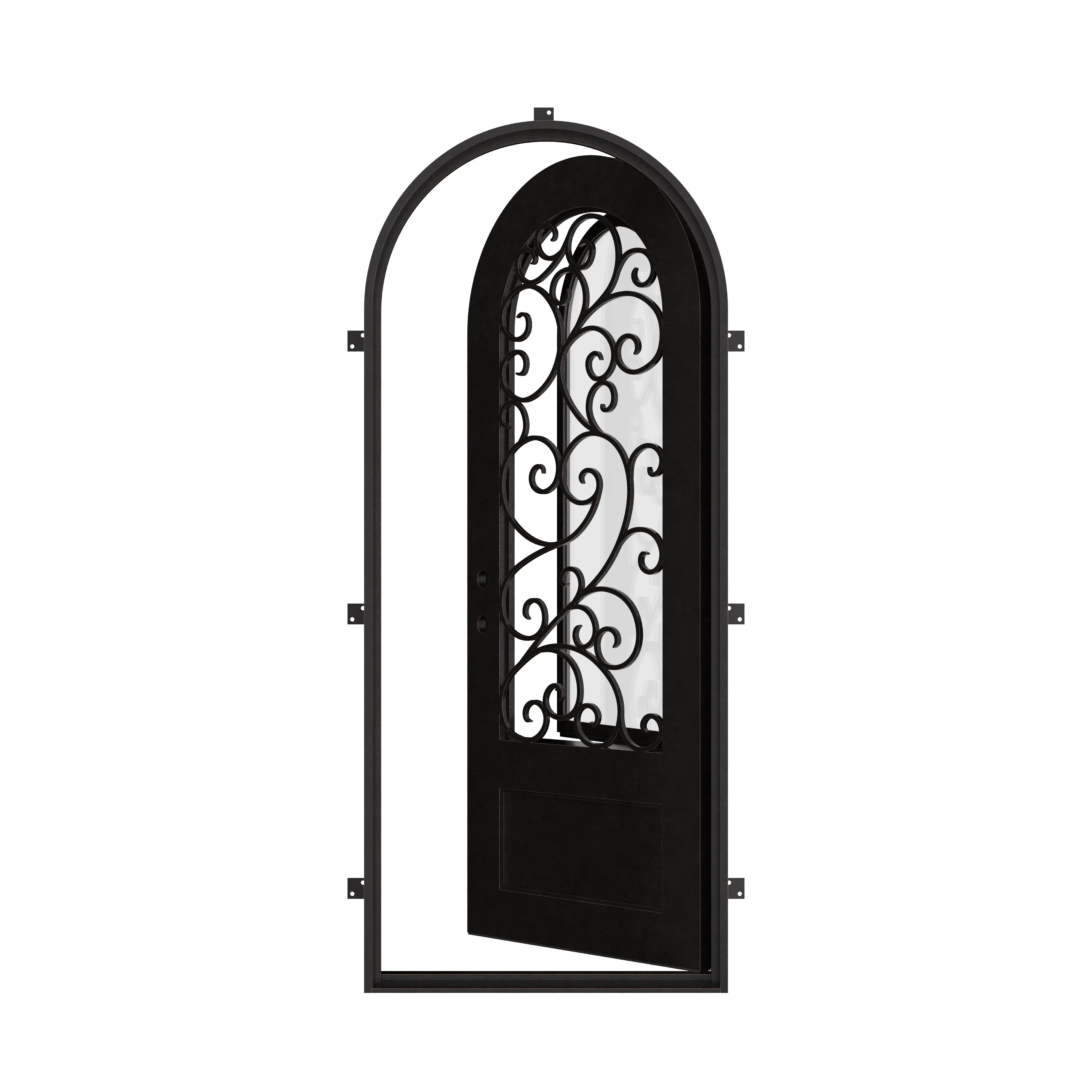 Story single radius top hinged door with ornate scrollwork and energy efficient glass.
