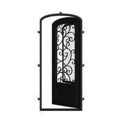 Story mini arch top single iron door with ornate scrollwork and tempered glass.