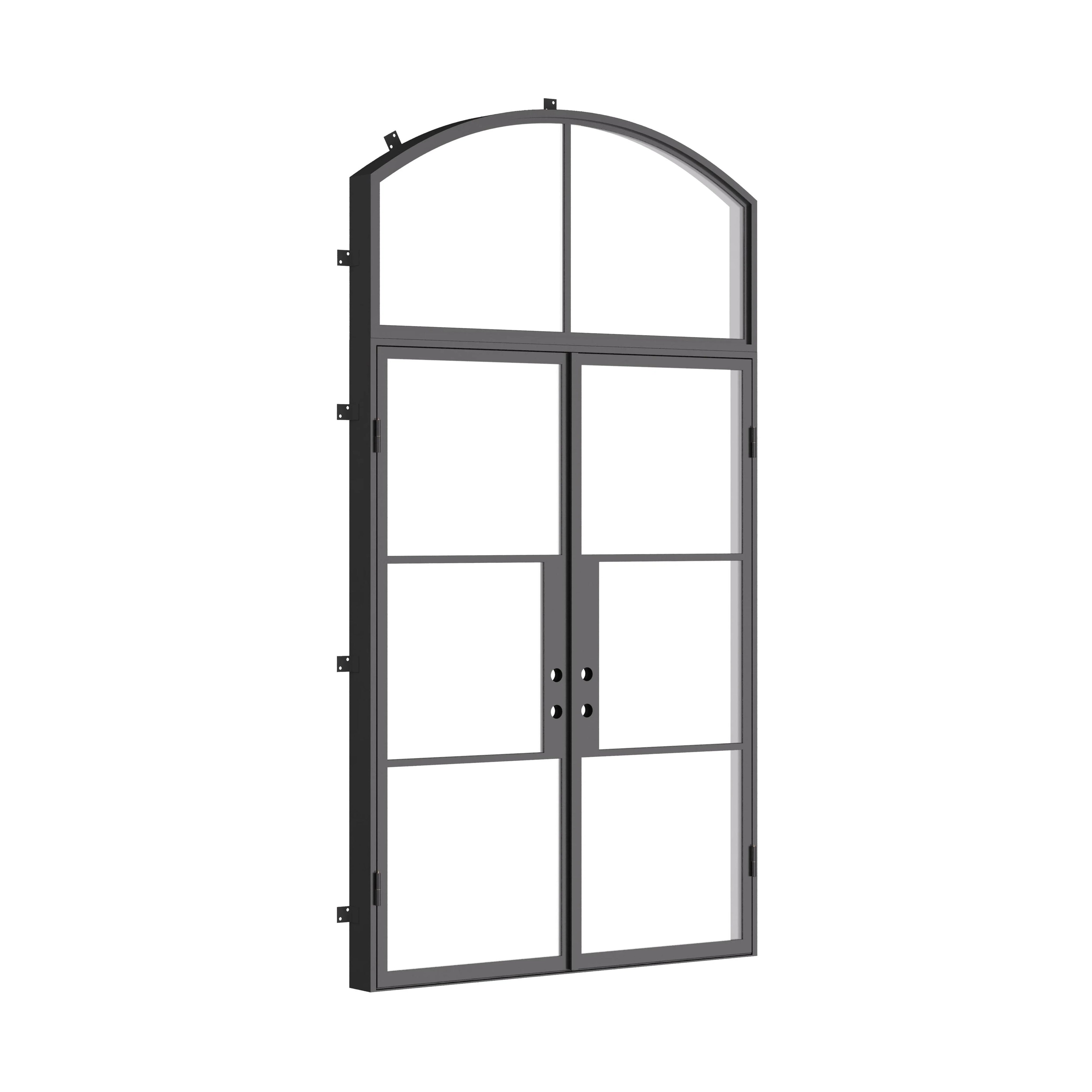 Modern double panel steel front door with arch transom and insulation