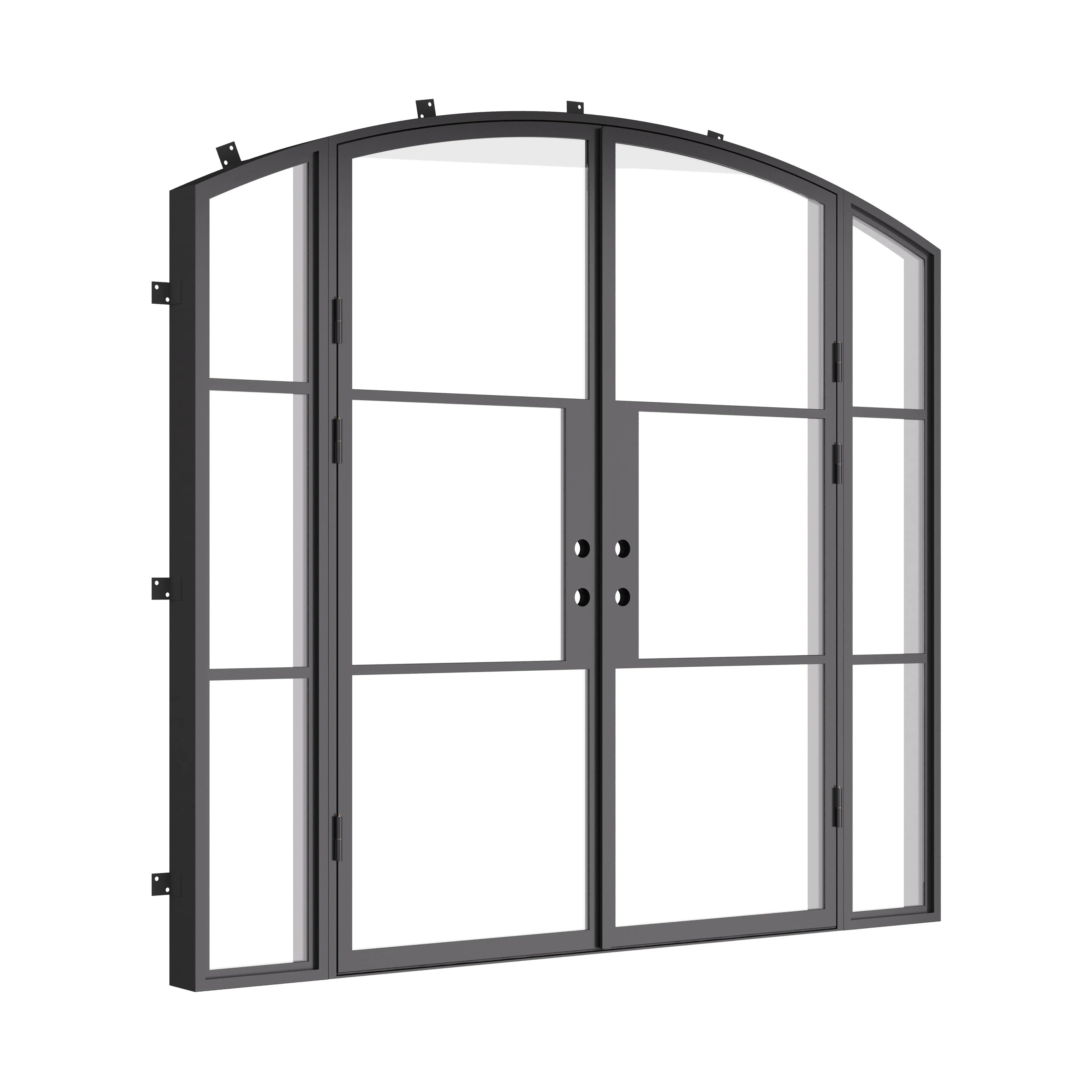 Modern double arch steel front door with side glass panels and insulation