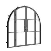 Exterior double steel door with full arch frame and sidelights
