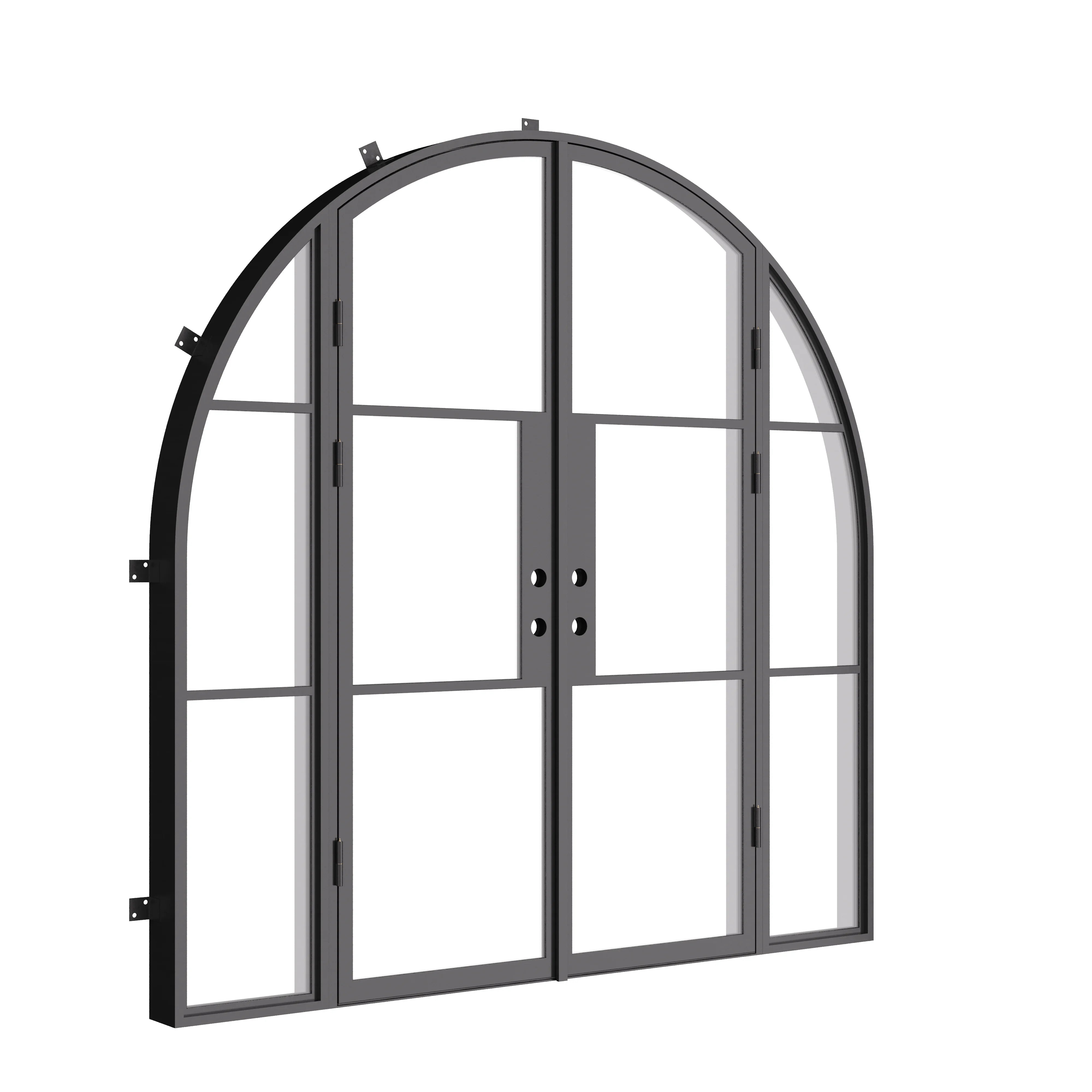Exterior double steel door with full arch frame and sidelights