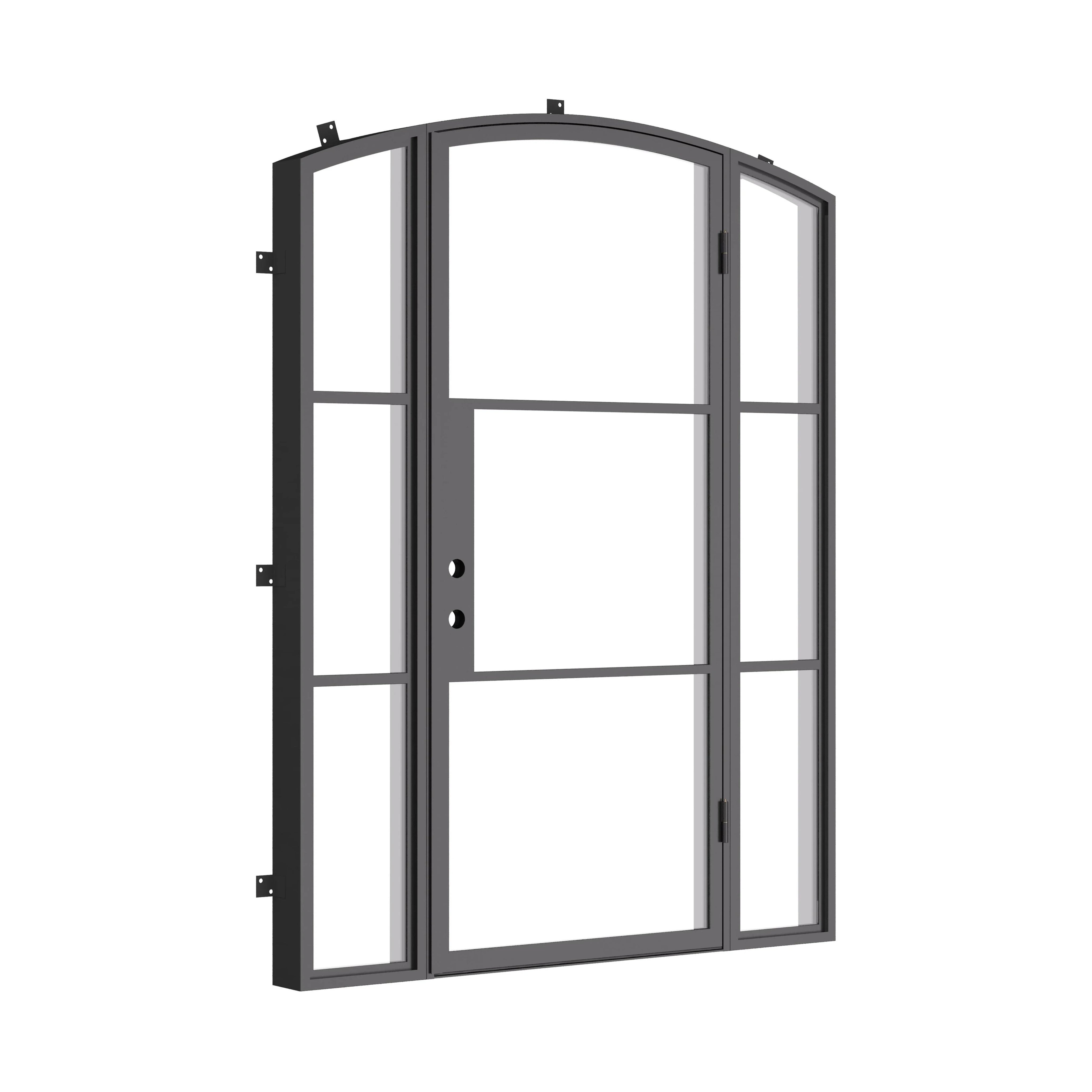 Exterior single steel door with arched frame and insulated sidelights