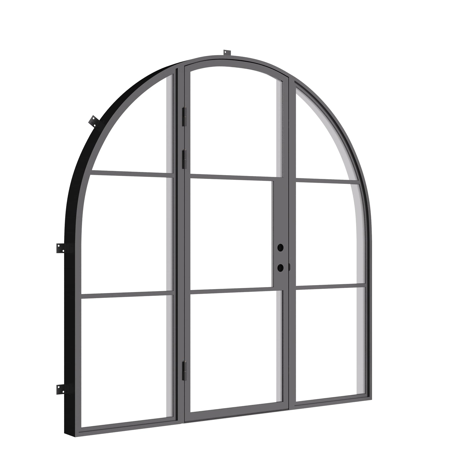Exterior single steel door with full arch frame and sidelights