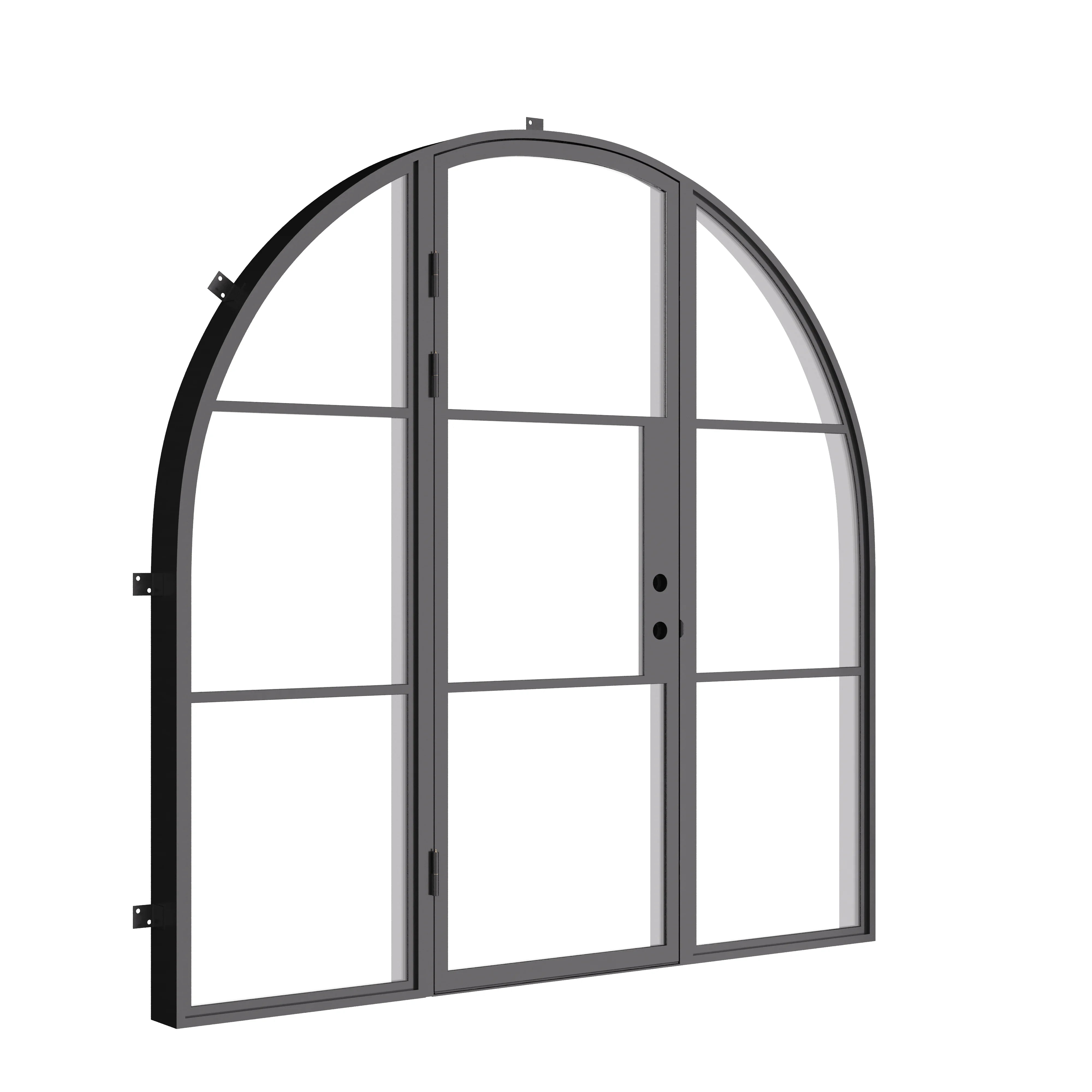 Exterior single steel door with full arch frame and sidelights