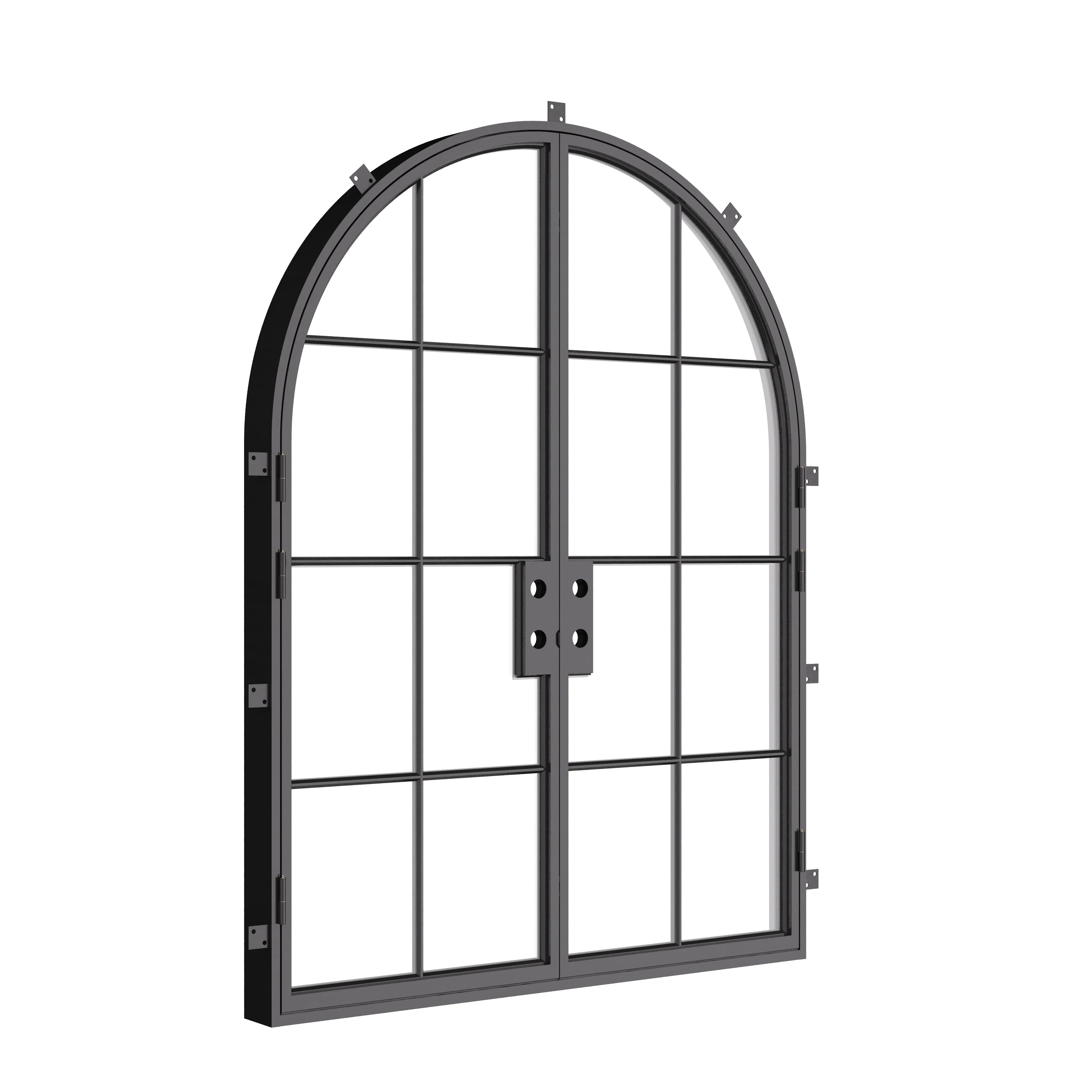 Contemporary double arched cold-rolled steel door with safety glass panels