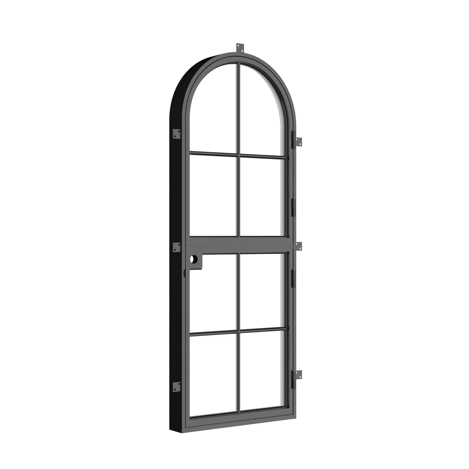 Contemporary Dutch arched steel door with tempered glass lite
