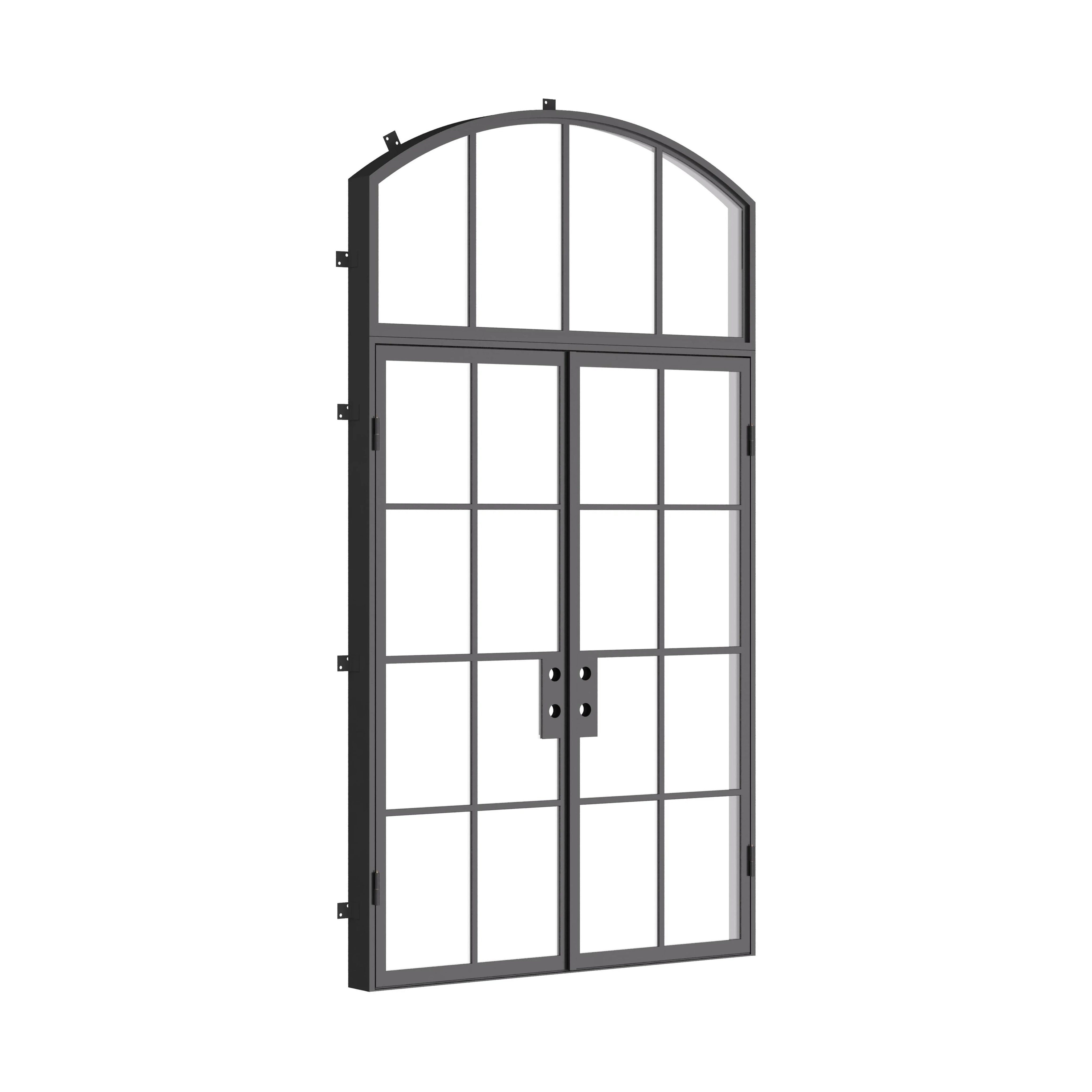 Double flat architectural steel entry doors with arch window above, NFRC certified and dual-pane glazing