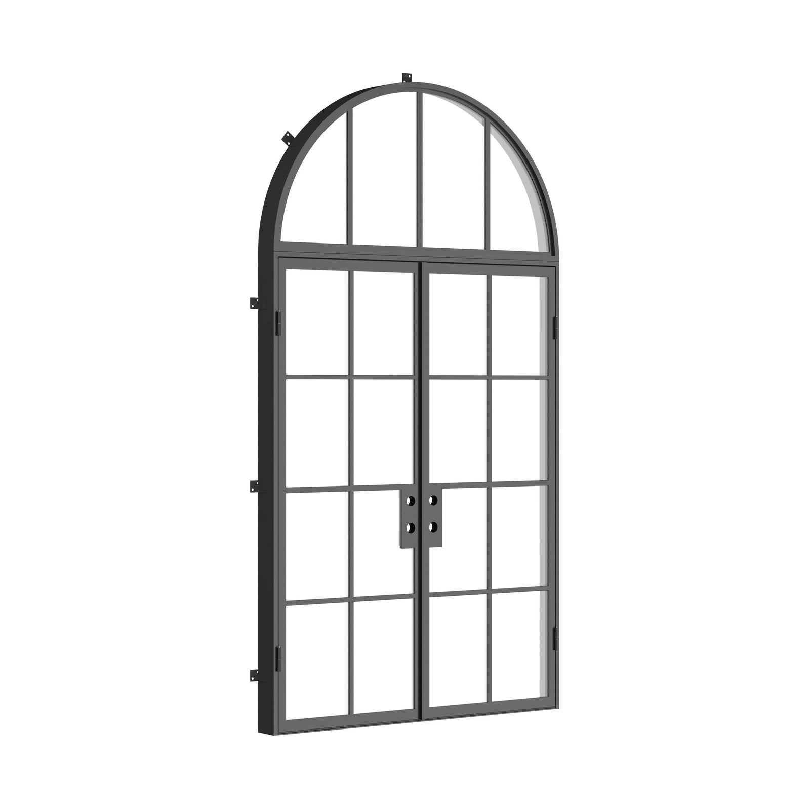 exterior double entry with full arch window and thermal barrier
