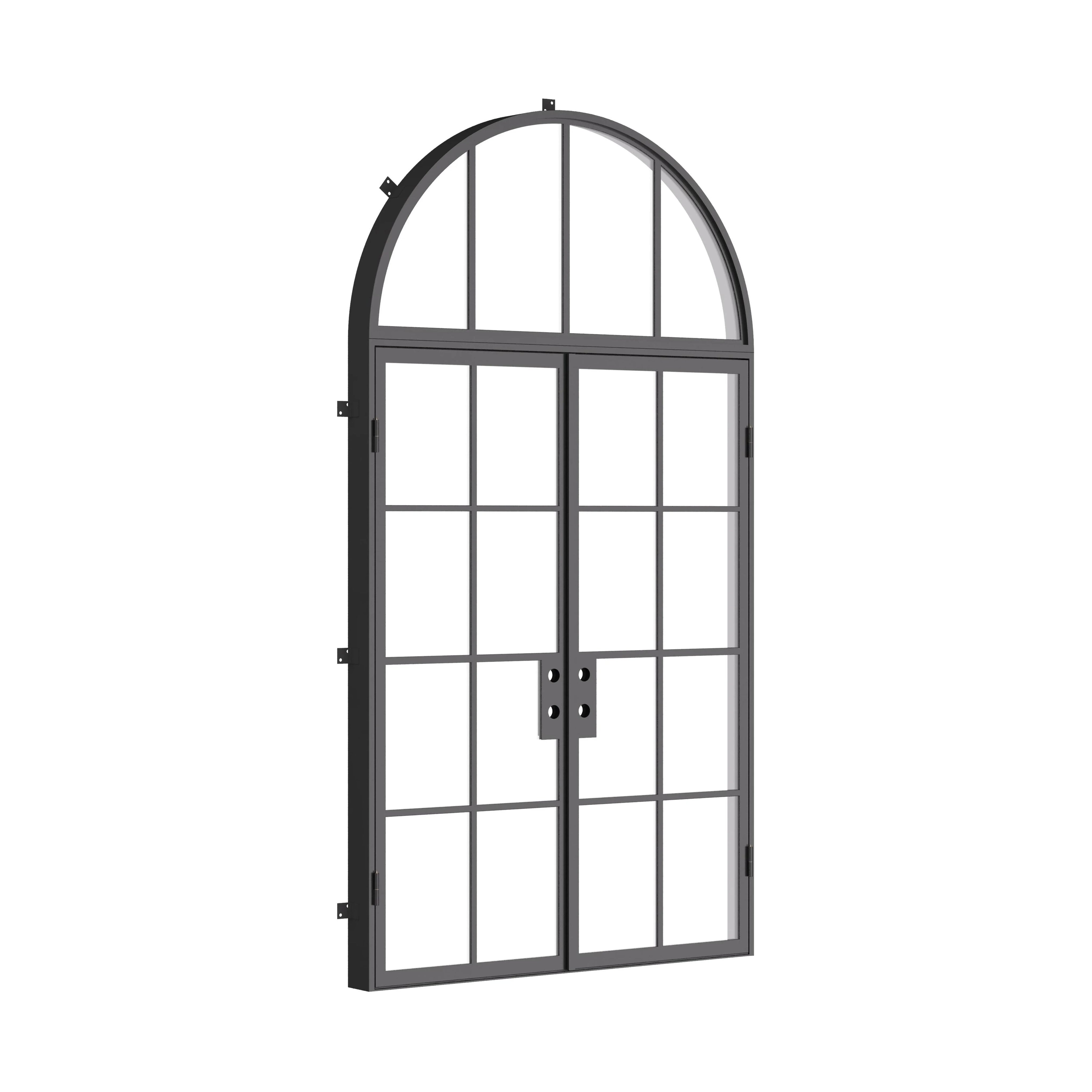 Double flat cold-rolled steel entry doors with full arch window above, NFRC certified prehung frame