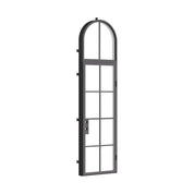 Single flat steel entry door with full arch window above, dual-pane tempered glass panels