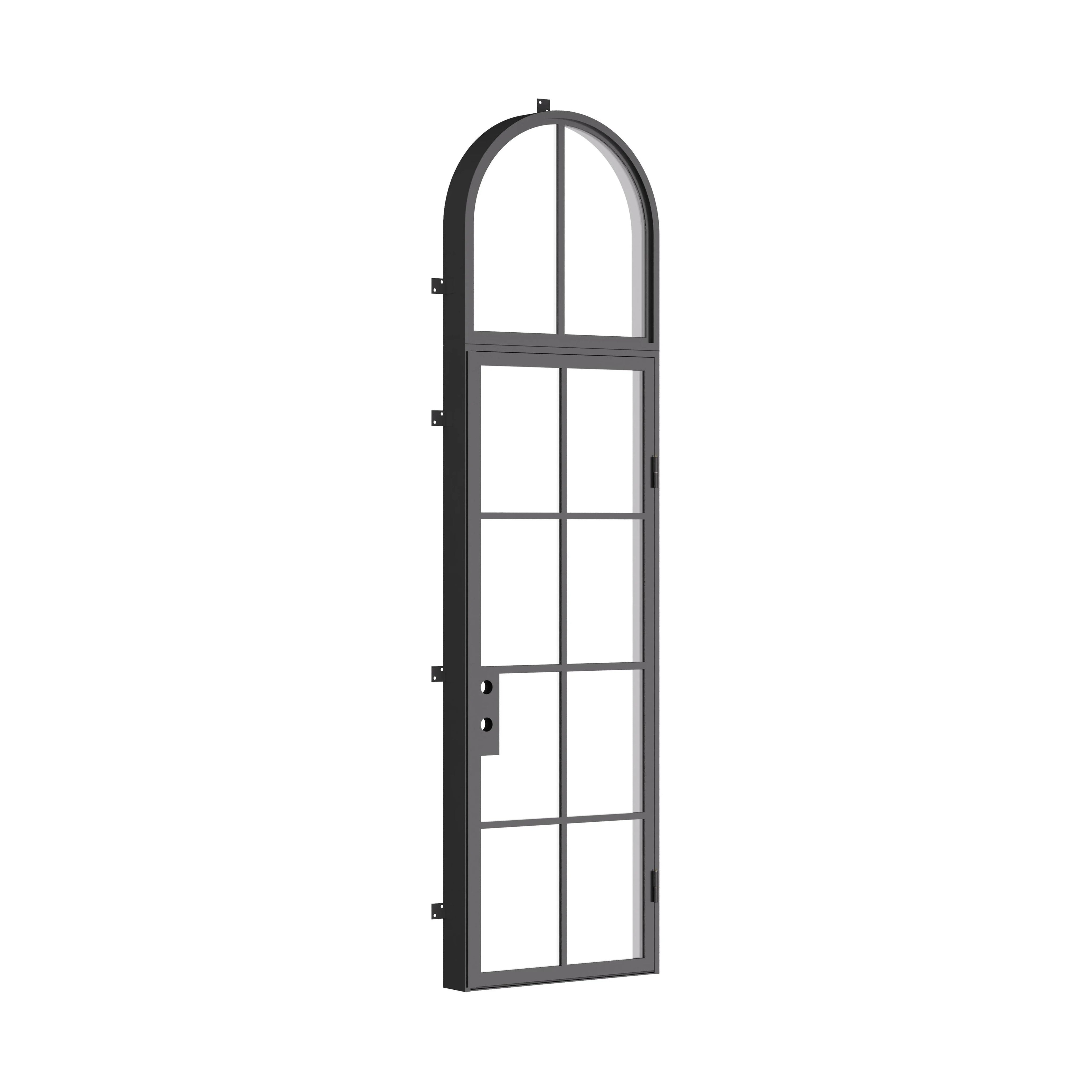Single flat steel entry door with full arch window above, dual-pane tempered glass panels