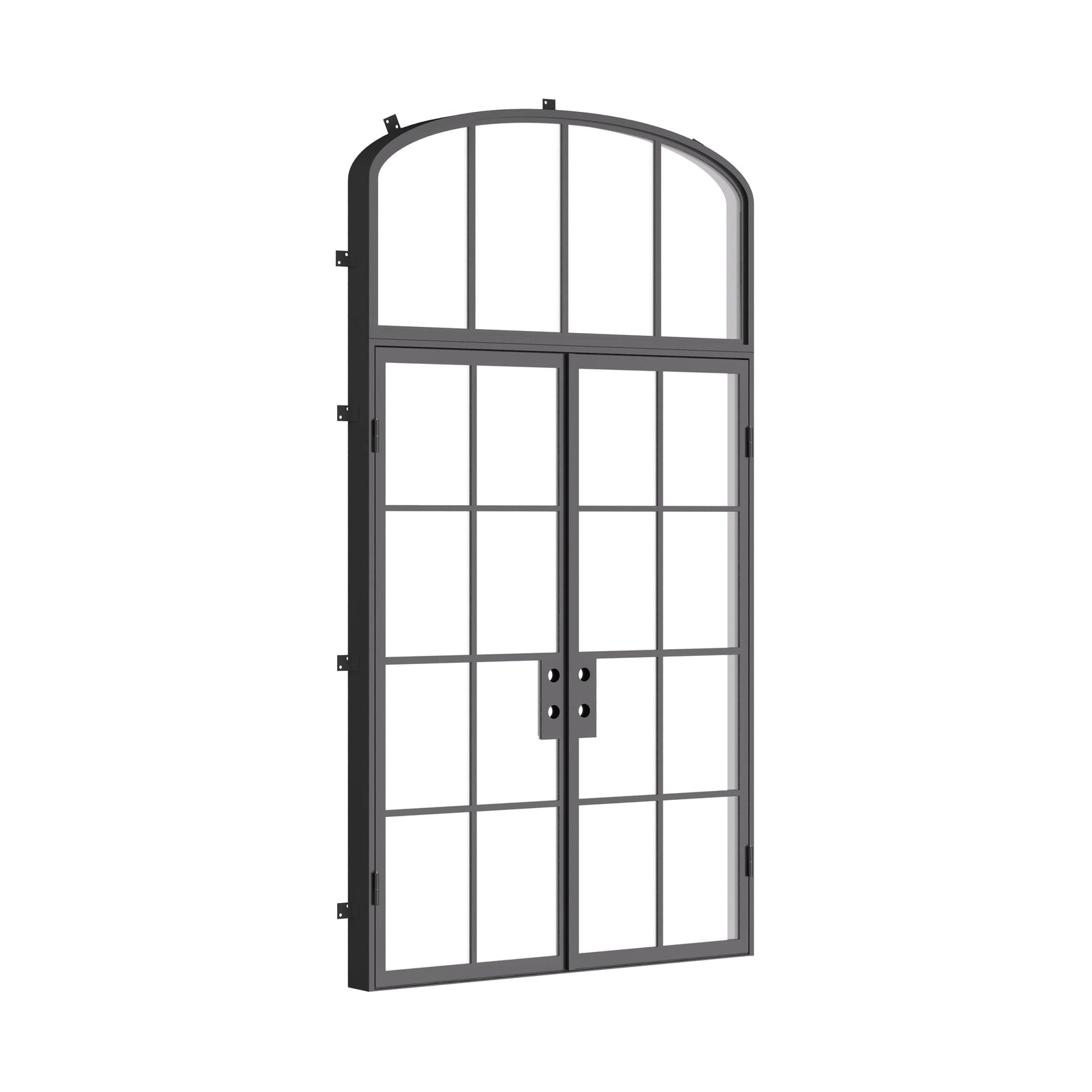 Double flat prehung steel entry doors with mini arch top light, cold-rolled frame construction