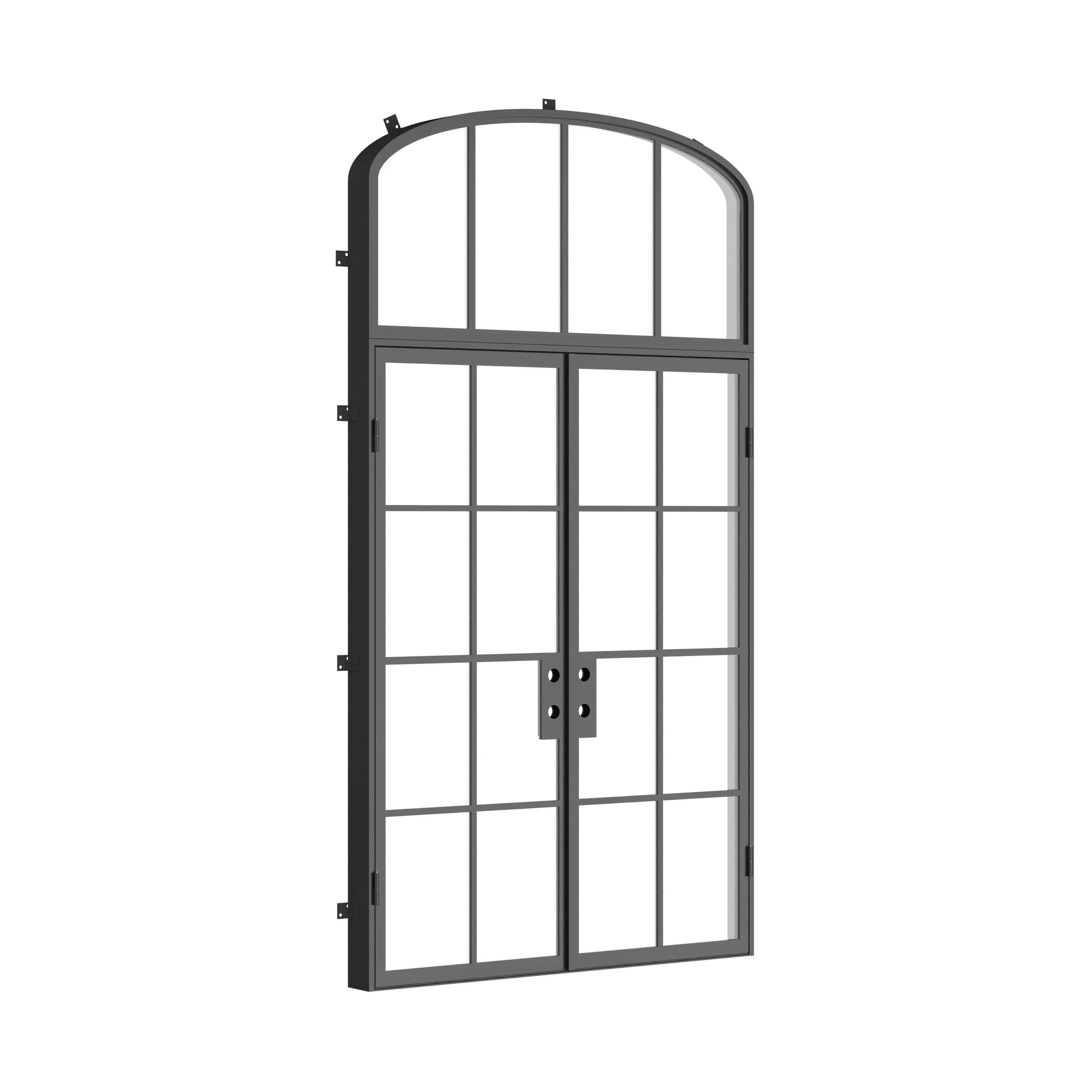 Double flat prehung steel entry doors with mini arch top light, cold-rolled frame construction