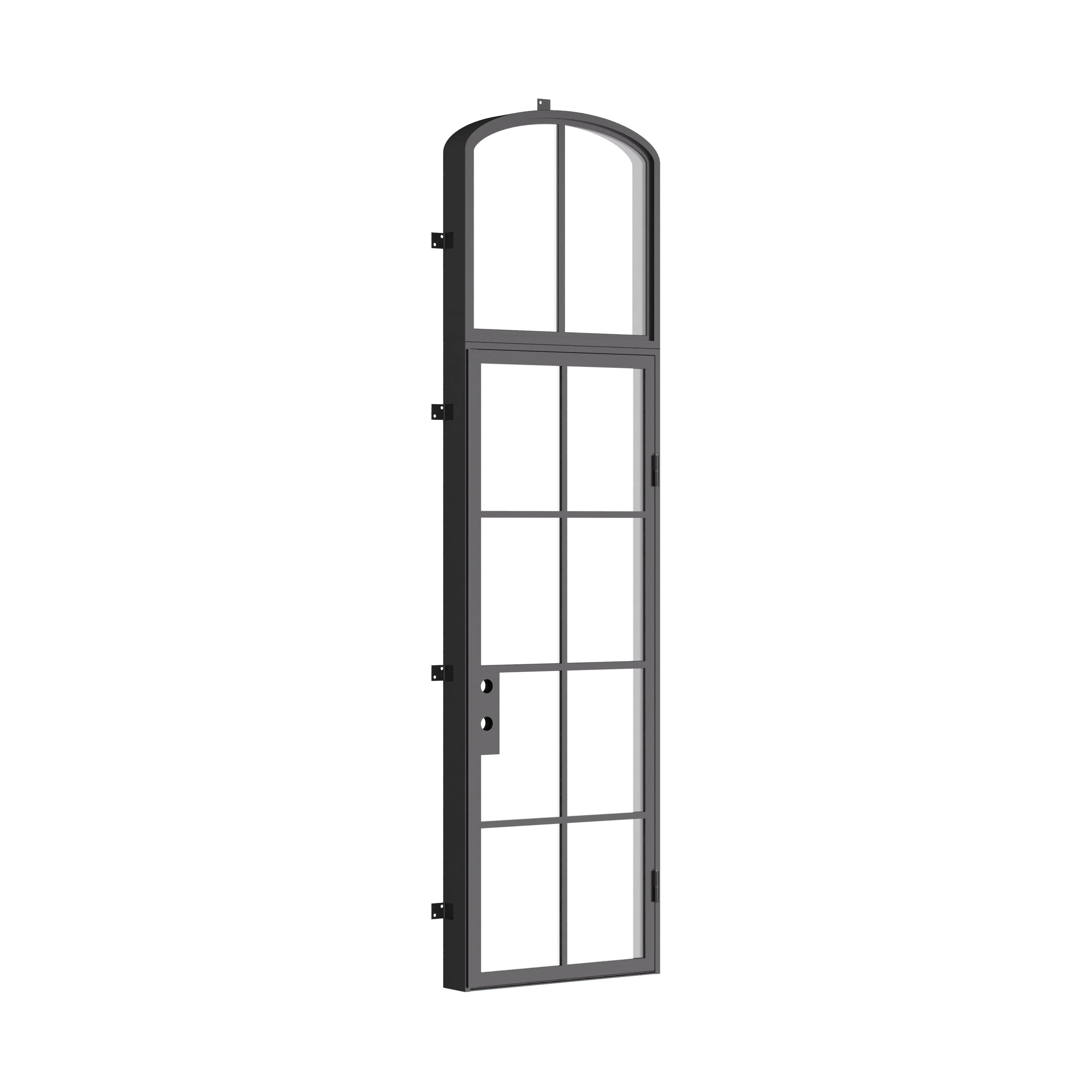 Single flat architectural steel front door with mini arch top window and insulated safety glass