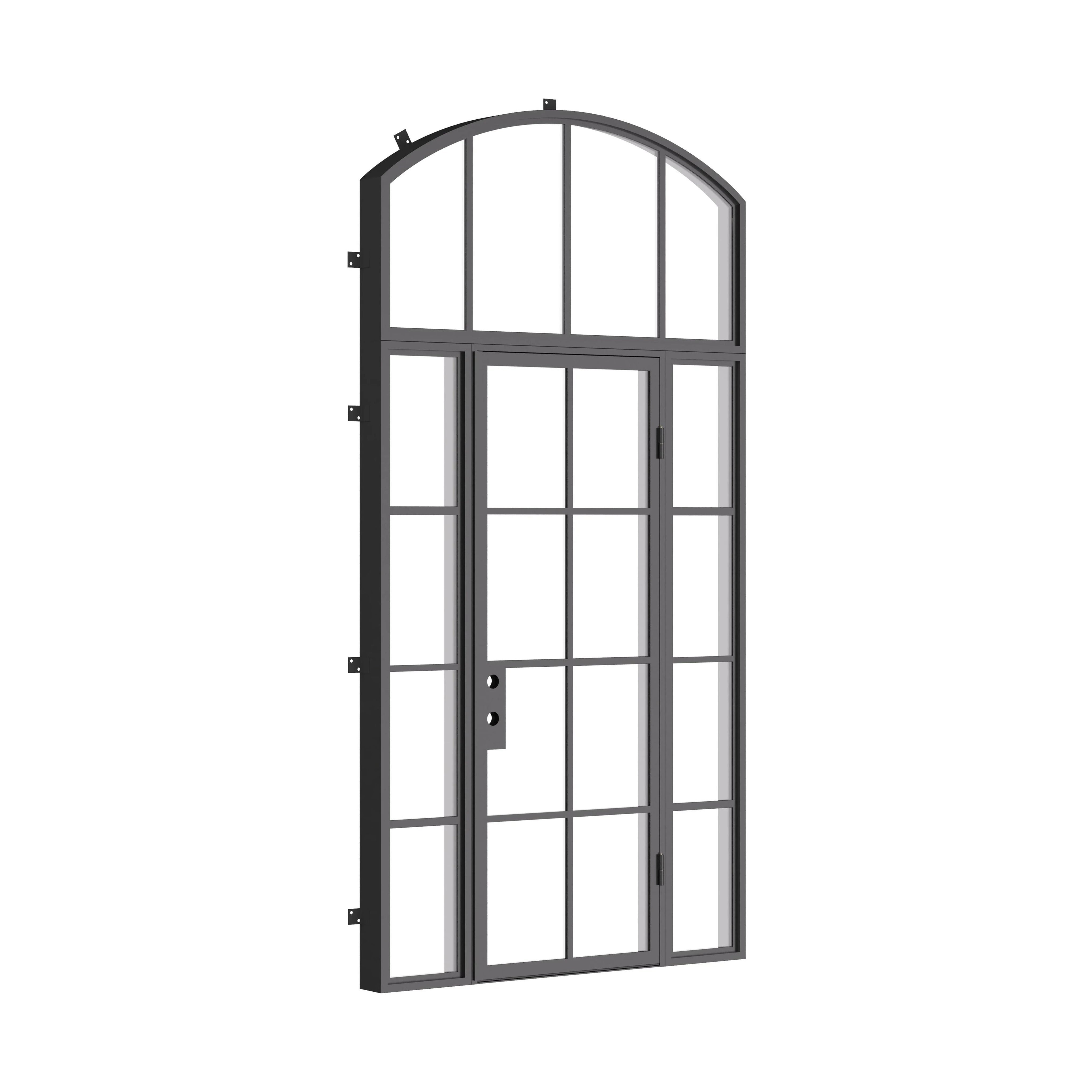 Air 5 single flat architectural steel exterior door with side windows and arch lite