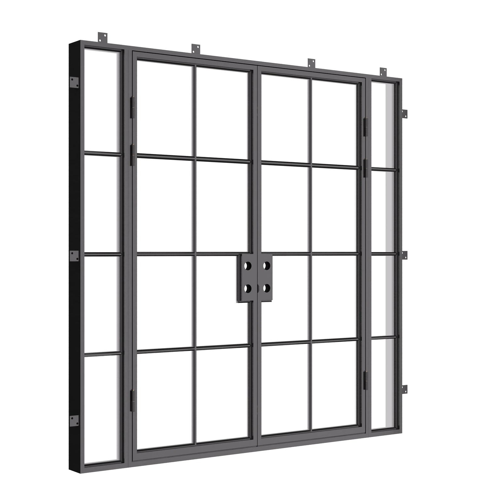 Architectural double flat steel front door and side windows, tempered glass