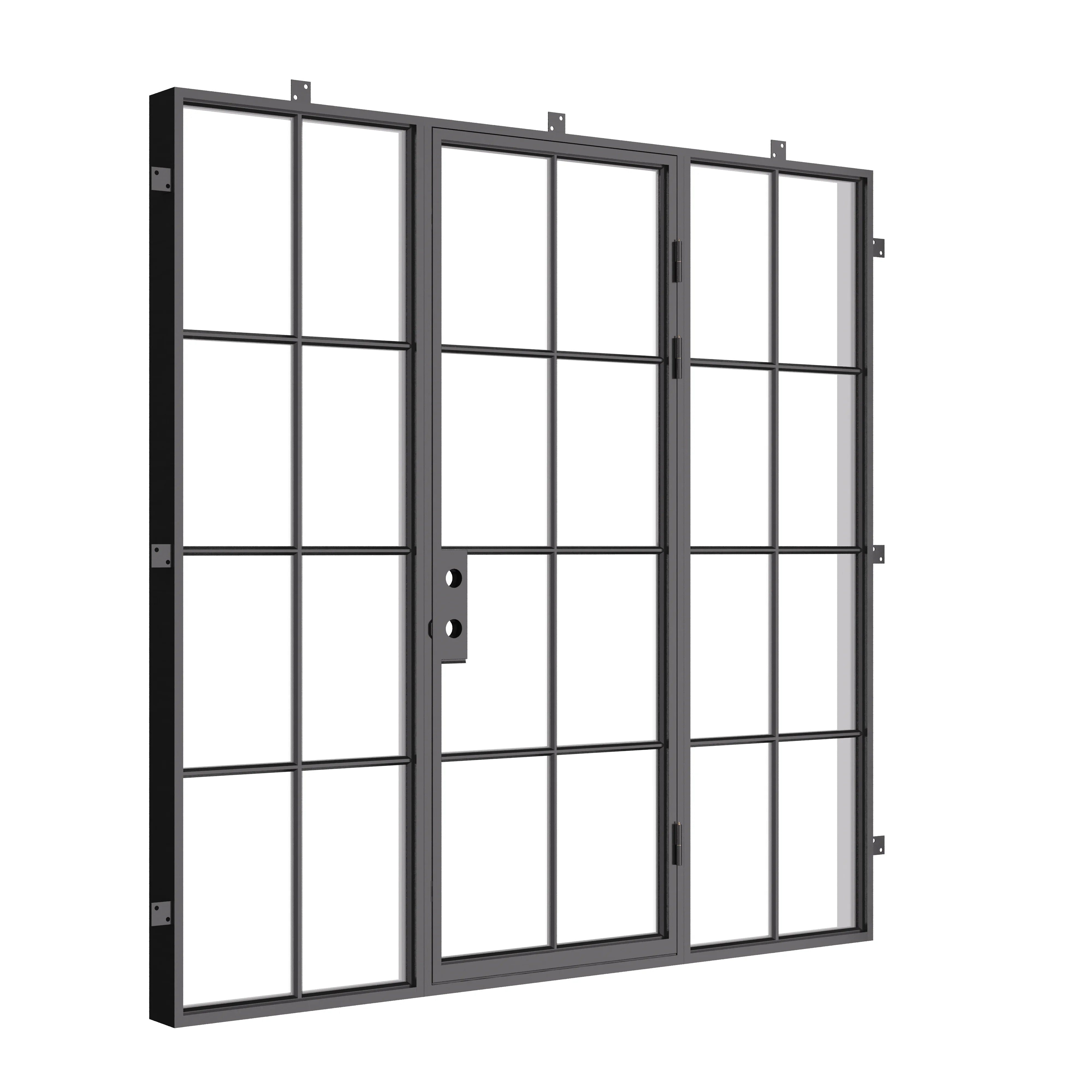 Contemporary single flat exterior steel door and side glass panels