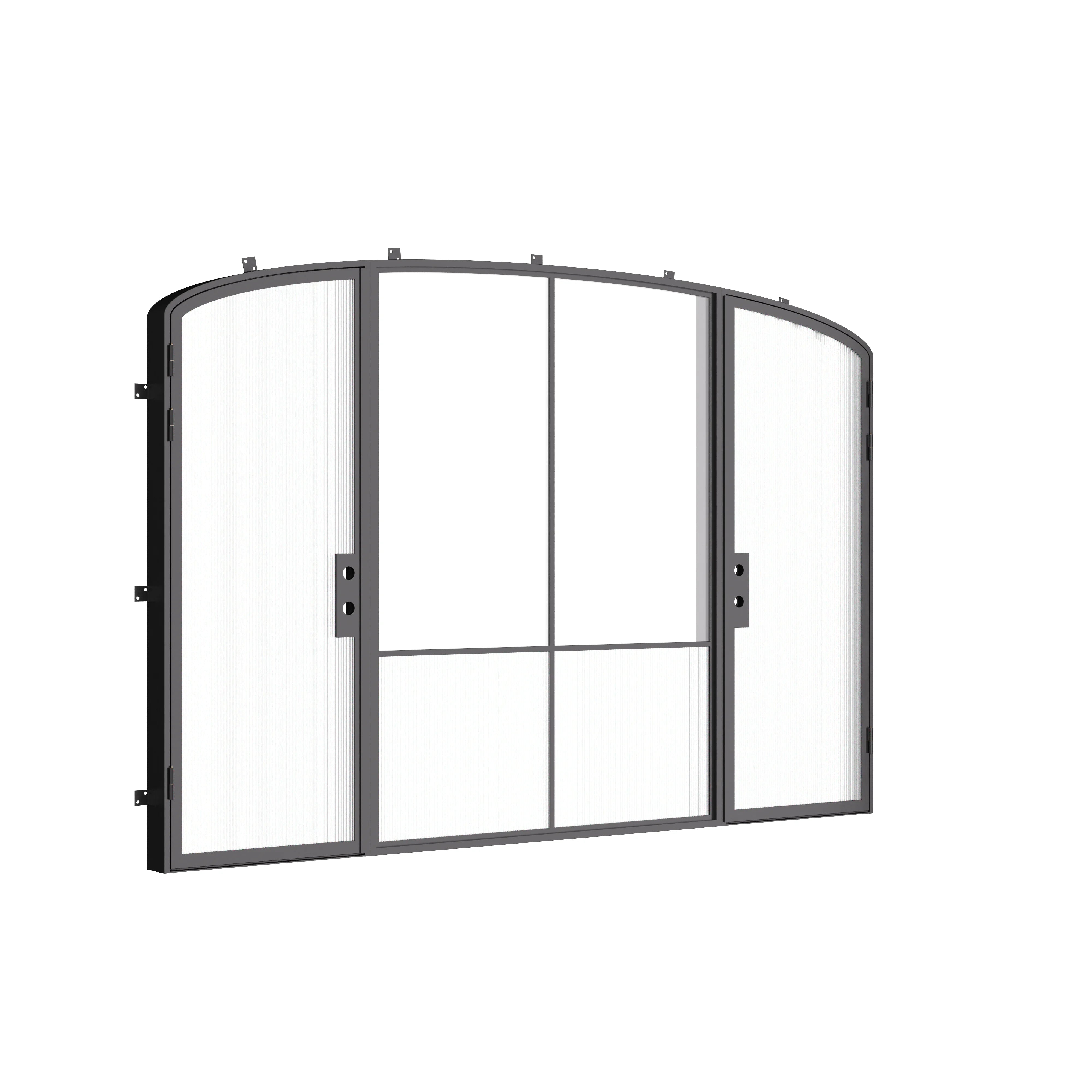 Designer steel double entry doors with mini arch center lite, Air Grand architectural steel system with Low-E glass