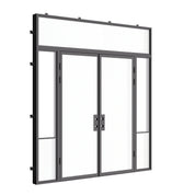 Architectural Air Grand exterior door with sidelights and flat transom window in cold-rolled galvanized steel with tempered Low-E glass