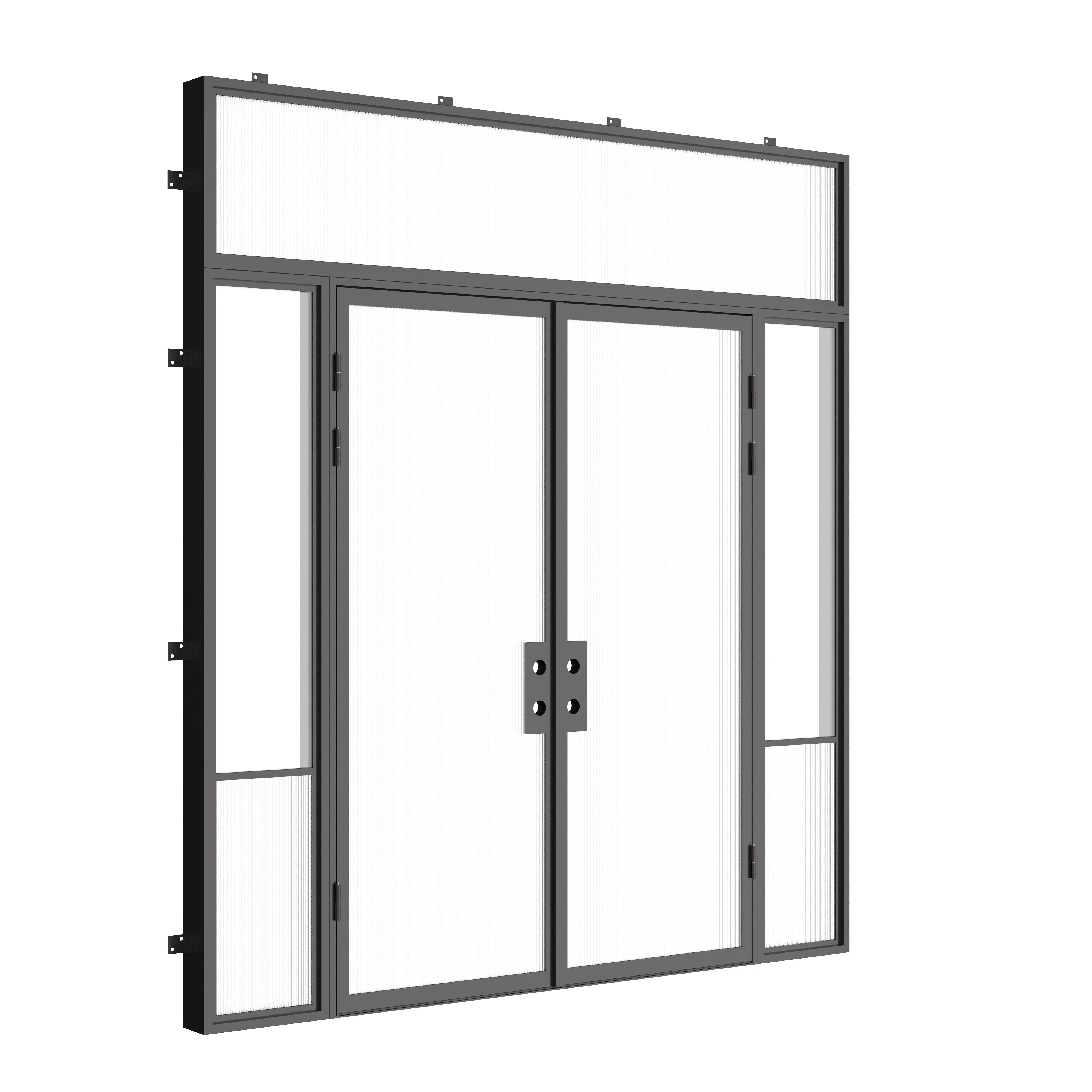 Architectural Air Grand exterior door with sidelights and flat transom window in cold-rolled galvanized steel with tempered Low-E glass