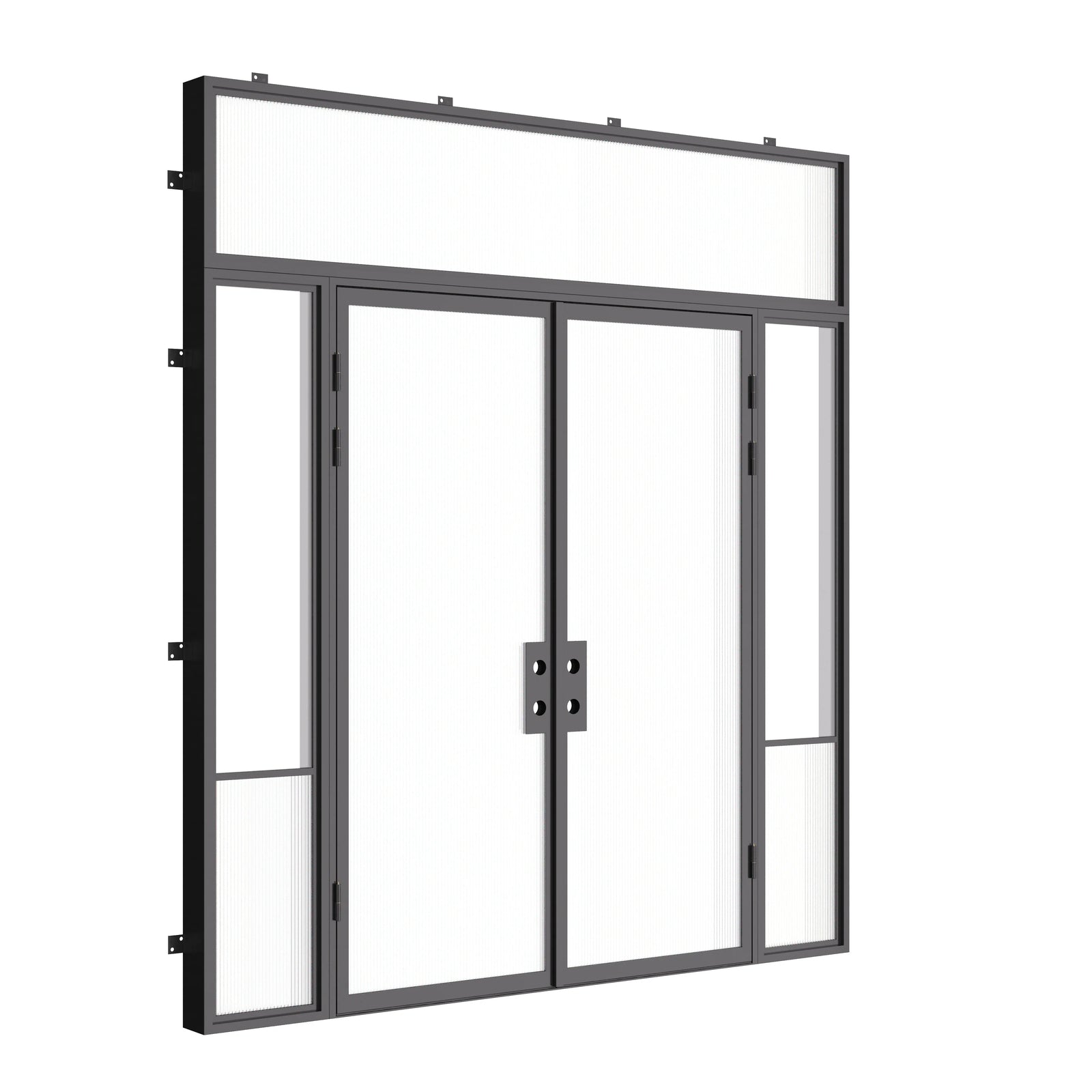 Modern exterior steel entry doors with thermal break, sidelights and flat top window, insulated steel construction