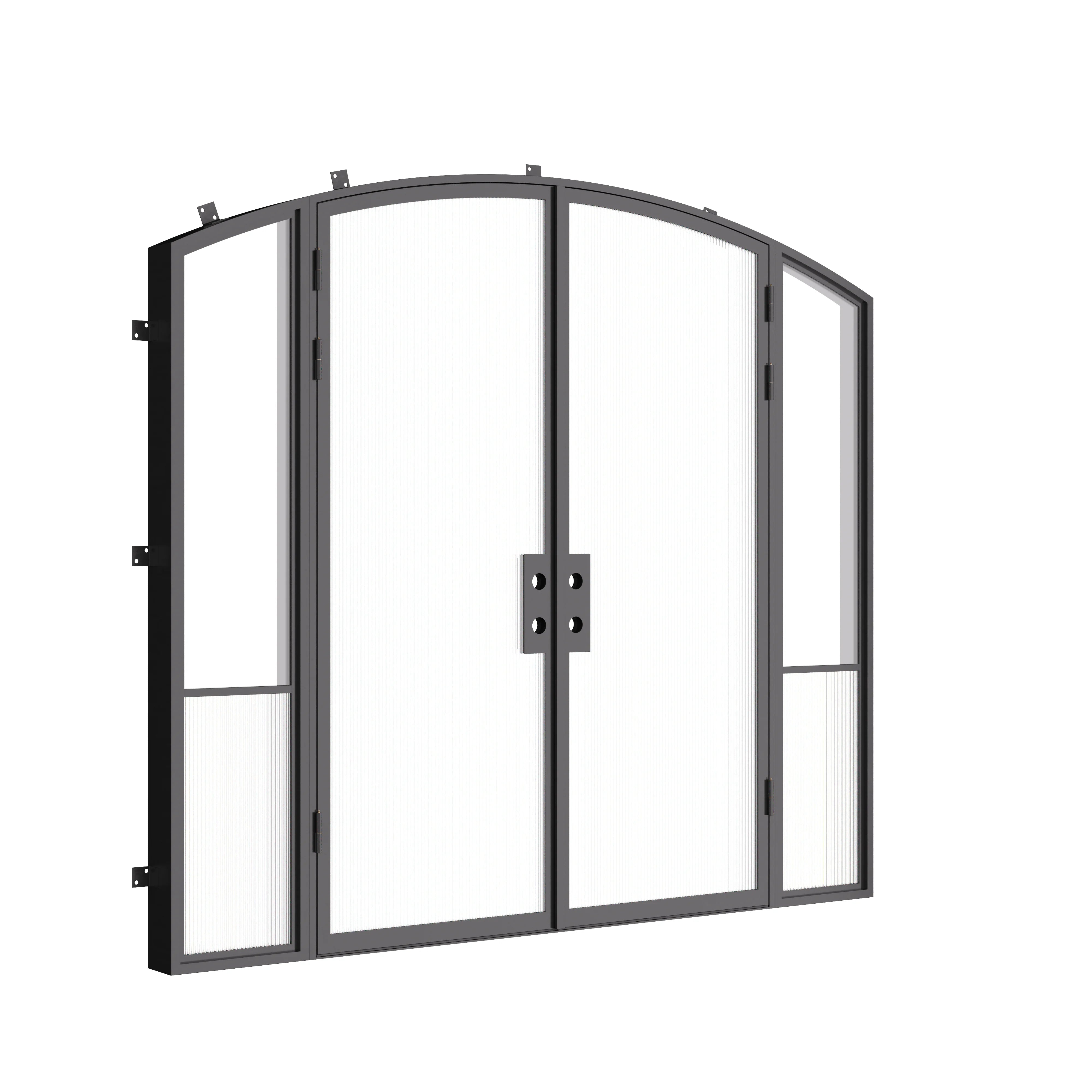 Designer steel double arch front doors with side windows, Air Grand cold-rolled galvanized steel frame and decorative ribbed glass