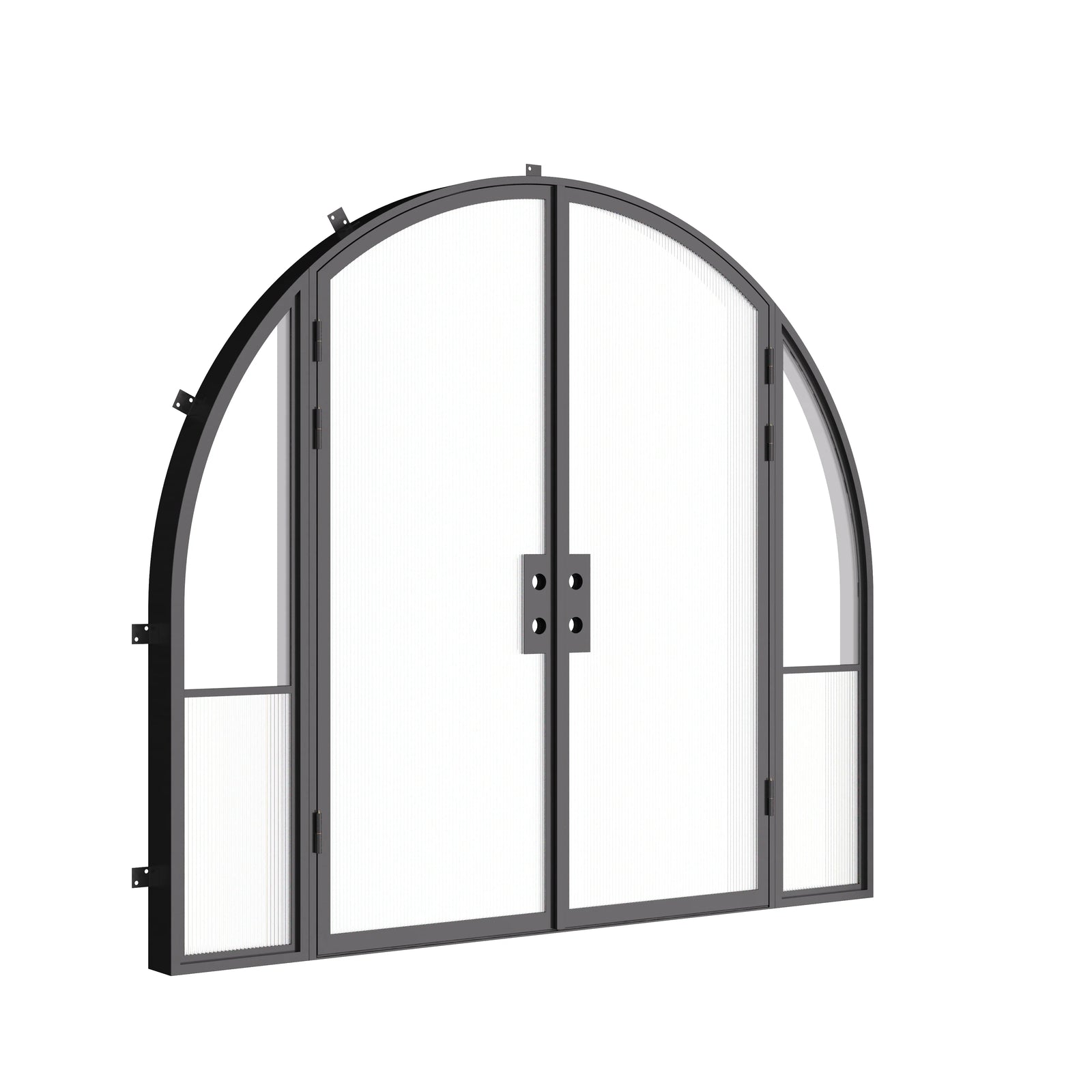 Designer steel double full arch front doors with sidelights, Air Grand architectural steel system with tempered Low-E glazing